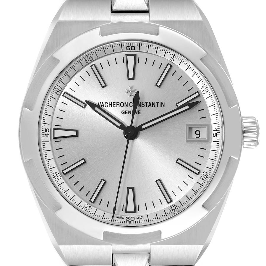 This image depicts a front view of the Vacheron Constantin Overseas model, showcasing its dial, hands, and date window.