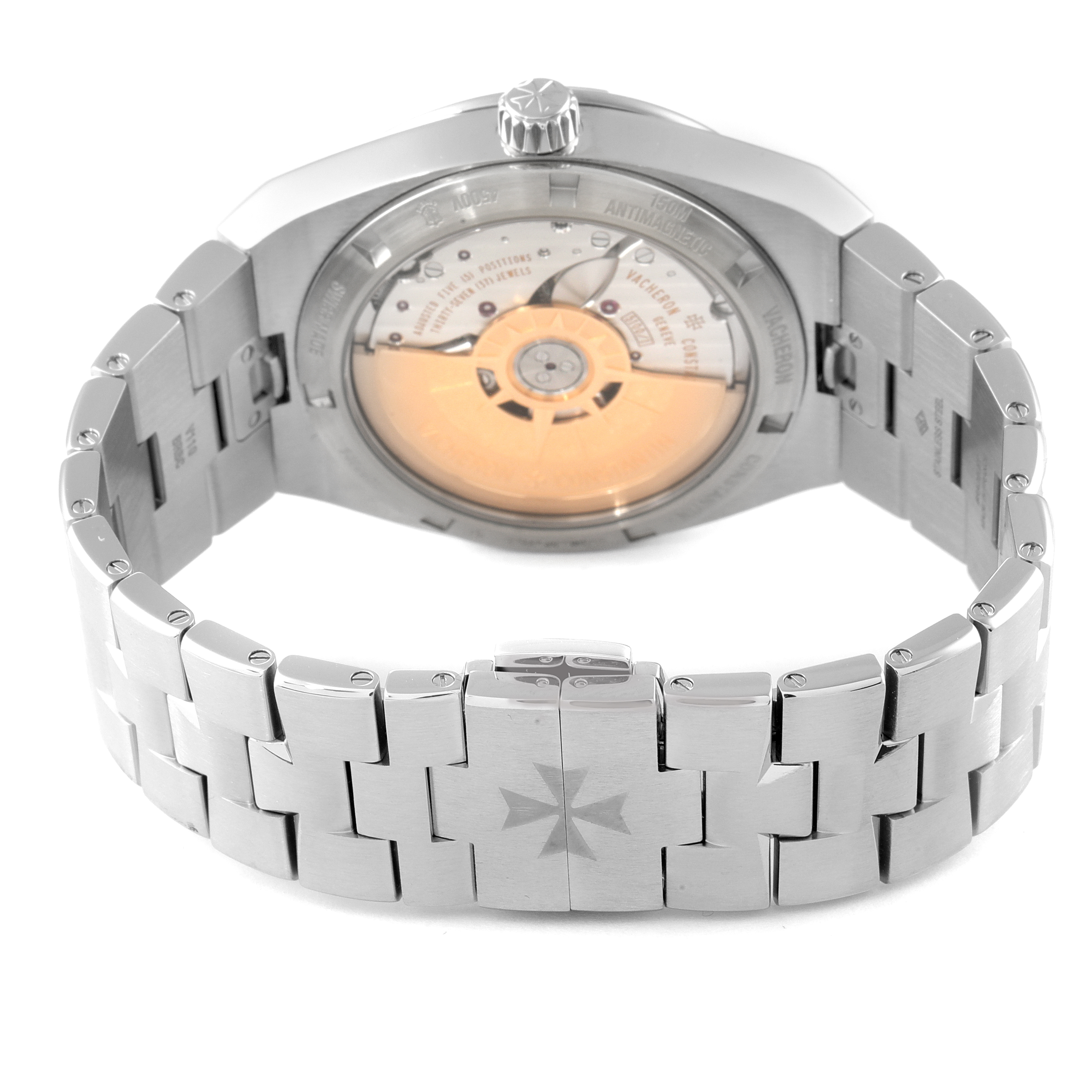 The image shows the back angle of the Vacheron Constantin Overseas 4500V/110A-B126 Men's Stainless Steel Silver Dial 4500V/110A-B126 Men's Stainless Steel Silver Dial watch, highlighting the movement and bracelet.