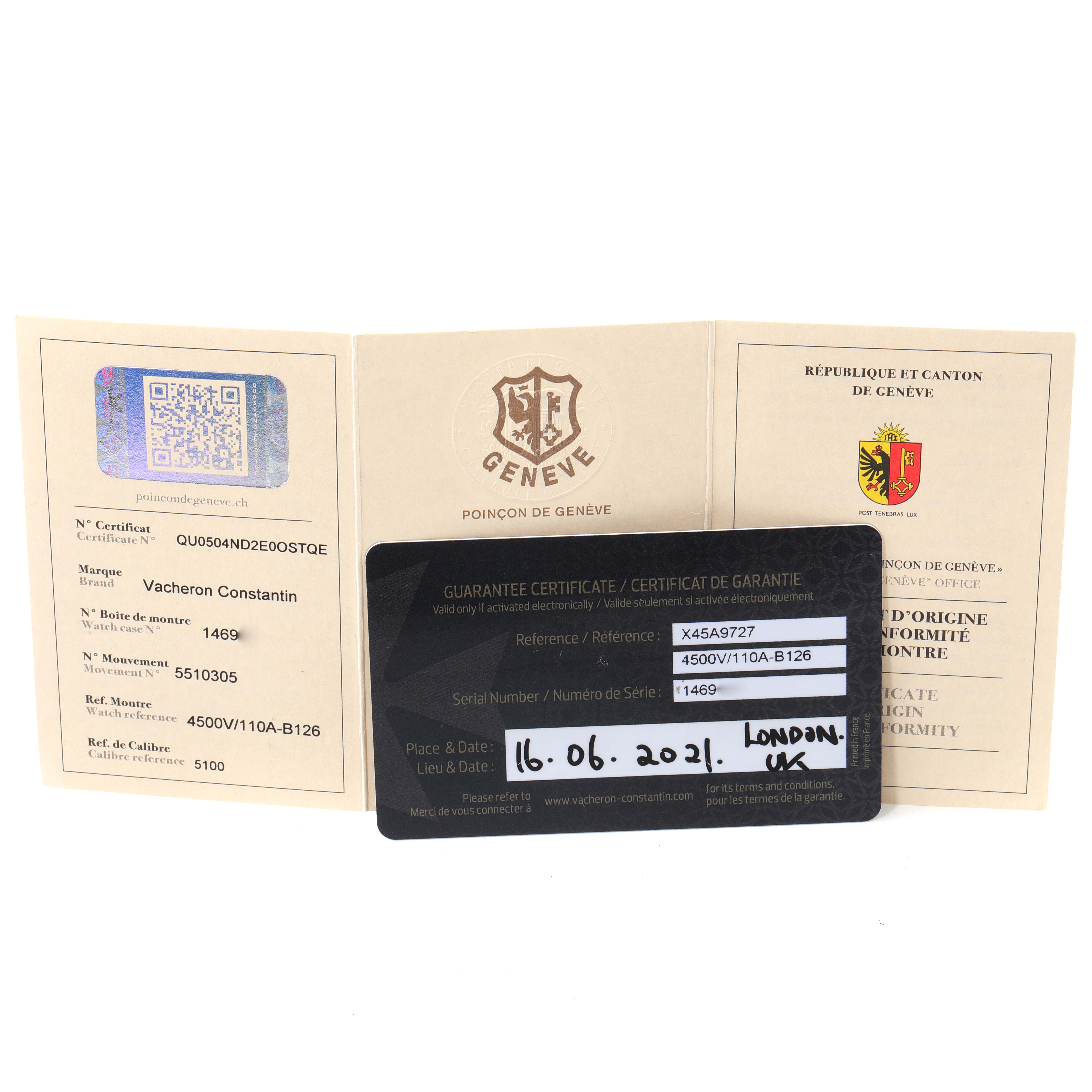 This image shows the warranty certificate and authenticity card for a Vacheron Constantin Overseas 4500V/110A-B126 Men's Stainless Steel Silver Dial 4500V/110A-B126 Men's Stainless Steel Silver Dial model watch.