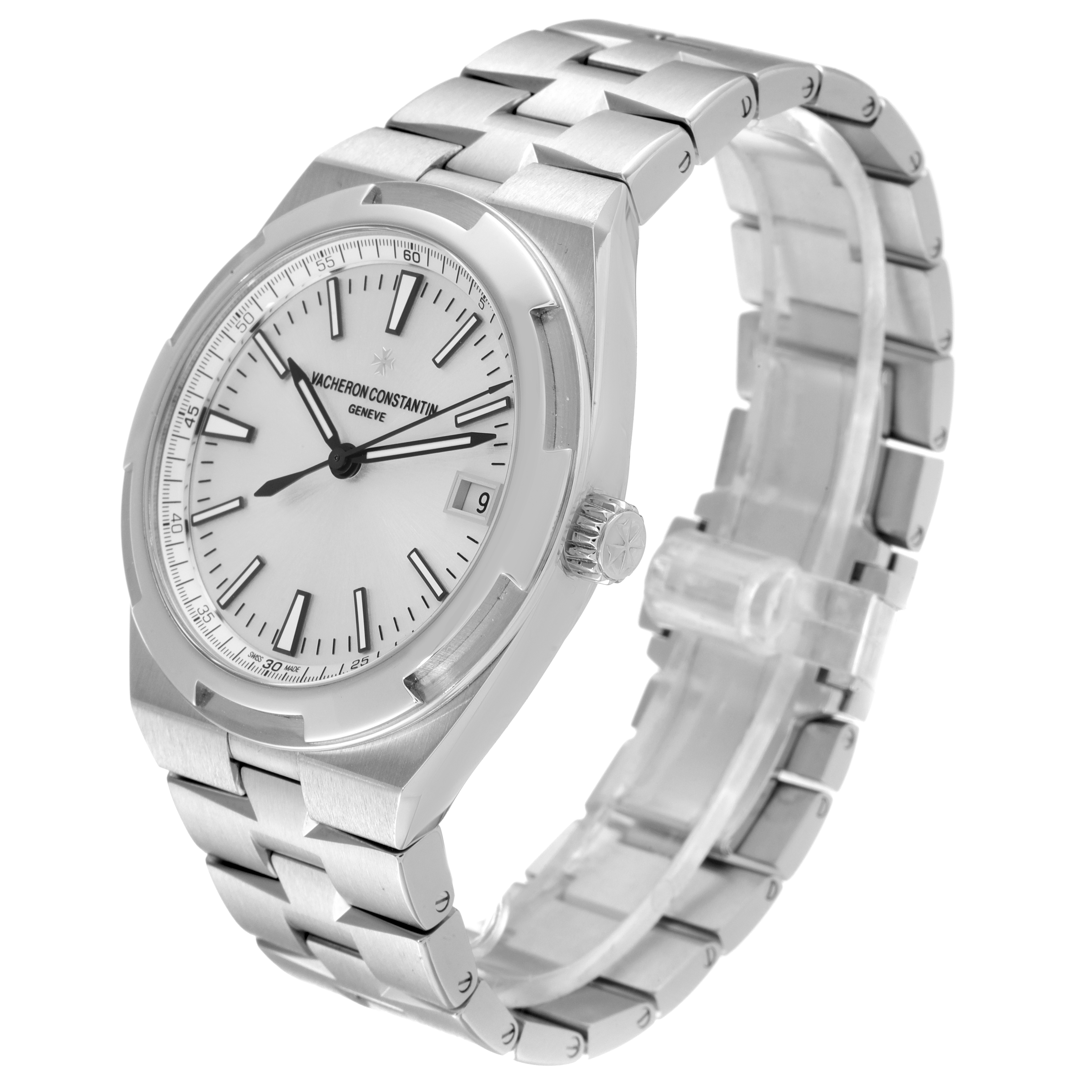 The Vacheron Constantin Overseas 4500V/110A-B126 Men's Stainless Steel Silver Dial 4500V/110A-B126 Men's Stainless Steel Silver Dial watch is shown at a slight angle, displaying its face, crown, and metal bracelet.