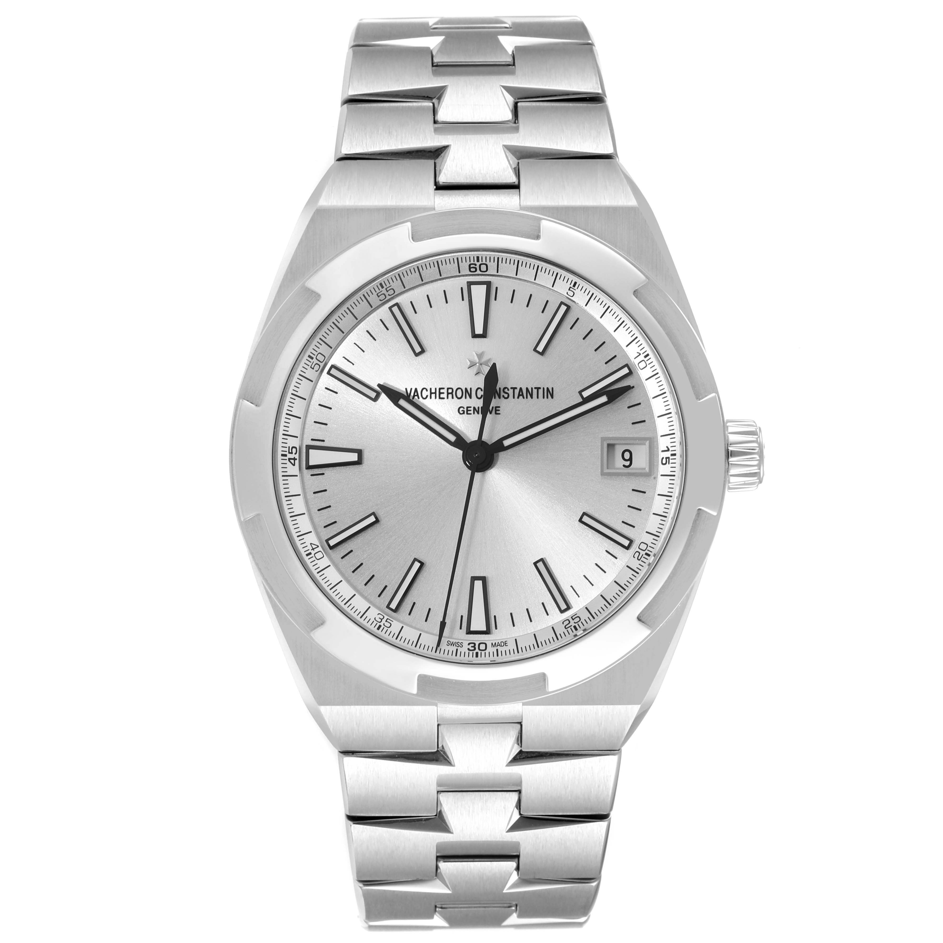 This Vacheron Constantin Overseas 4500V/110A-B126 Men's Stainless Steel Silver Dial 4500V/110A-B126 Men's Stainless Steel Silver Dial model watch is shown from a front angle, displaying its dial, bezel, and bracelet.