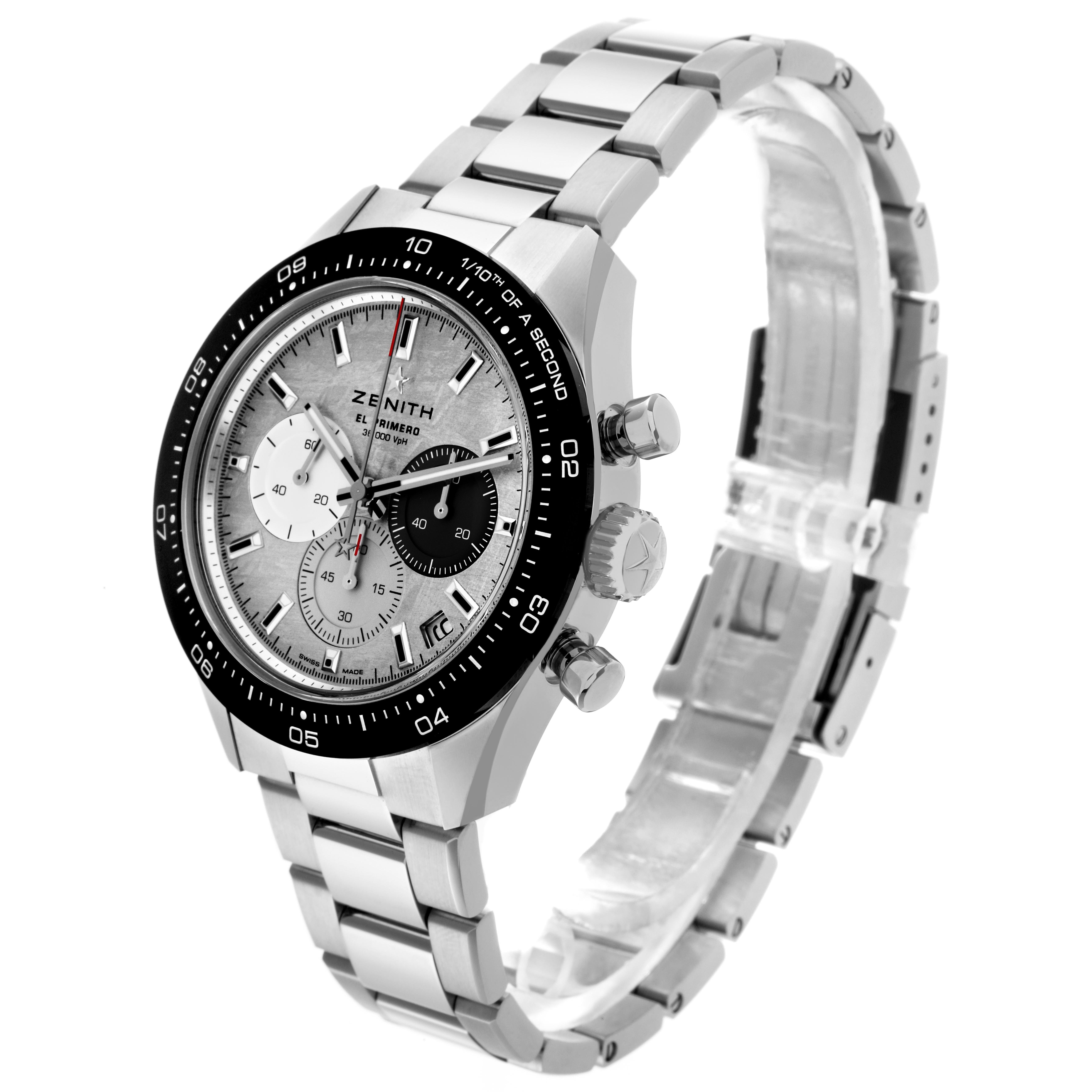 The Zenith Chronomaster 03.3120.3600/76.M3100 Men's Stainless Steel Silver Dial 03.3120.3600/76.M3100 Men's Stainless Steel Silver Dial watch is shown at a slight angle, displaying the face, bezel, case, crown, and bracelet.