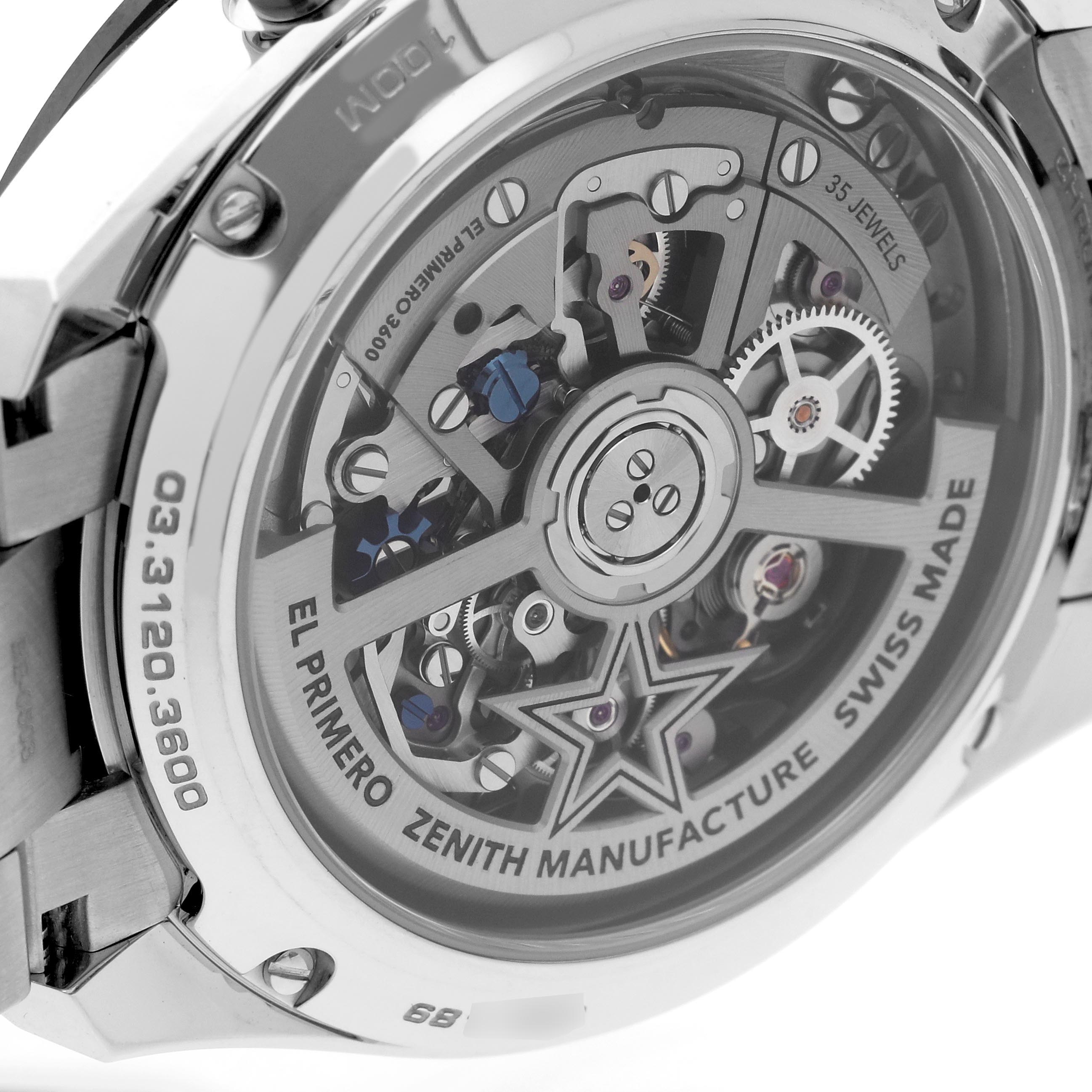 The image shows the back of a Zenith Chronomaster 03.3120.3600/76.M3100 Men's Stainless Steel Silver Dial 03.3120.3600/76.M3100 Men's Stainless Steel Silver Dial watch, highlighting the El Primero movement and visible mechanics.
