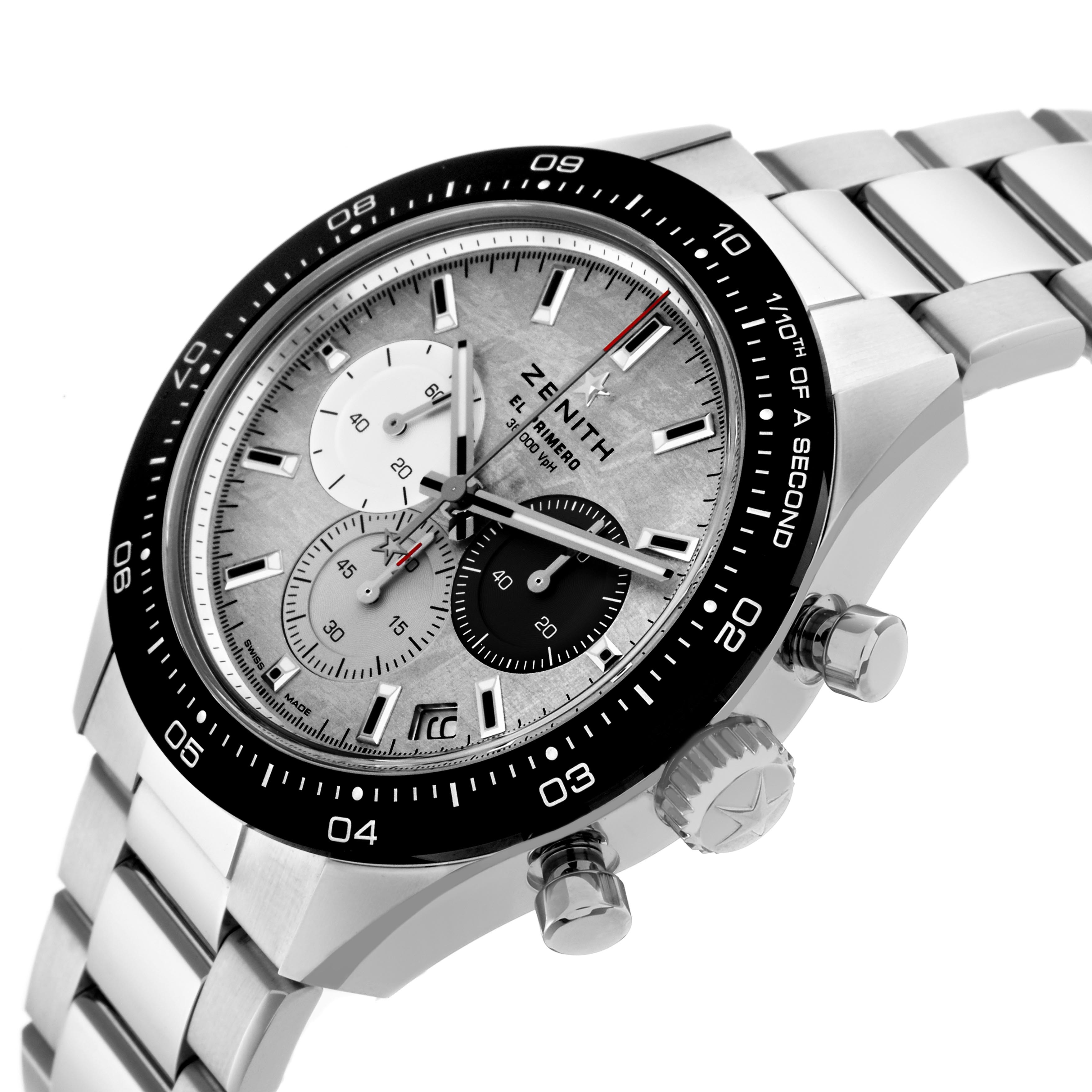 The Zenith Chronomaster 03.3120.3600/76.M3100 Men's Stainless Steel Silver Dial 03.3120.3600/76.M3100 Men's Stainless Steel Silver Dial watch is shown at a three-quarter angle highlighting the dial, bezel, chronograph subdials, and bracelet.