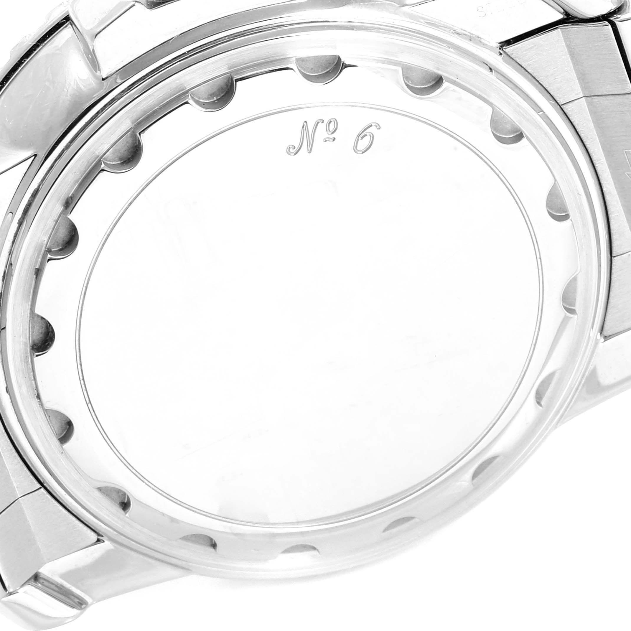 The image shows the case back of a Blancpain Fifty Fathoms 2200-1130-71 Men's Stainless Steel Black Dial 2200-1130-71 Men's Stainless Steel Black Dial watch, with an engraved serial number "No 6".