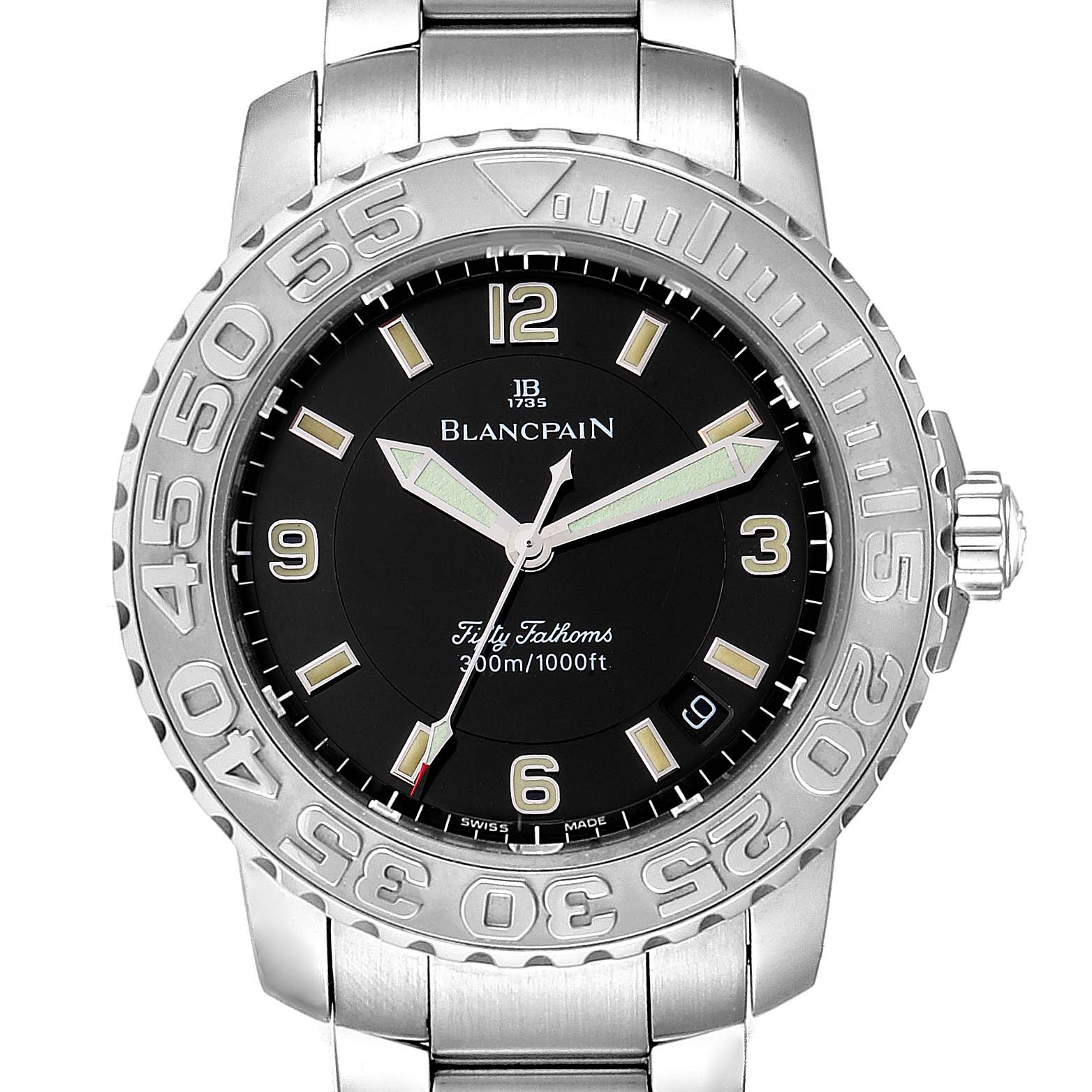 The image shows a frontal view of the Blancpain Fifty Fathoms 2200-1130-71 Men's Stainless Steel Black Dial 2200-1130-71 Men's Stainless Steel Black Dial watch, highlighting the dial, bezel, and part of the bracelet.