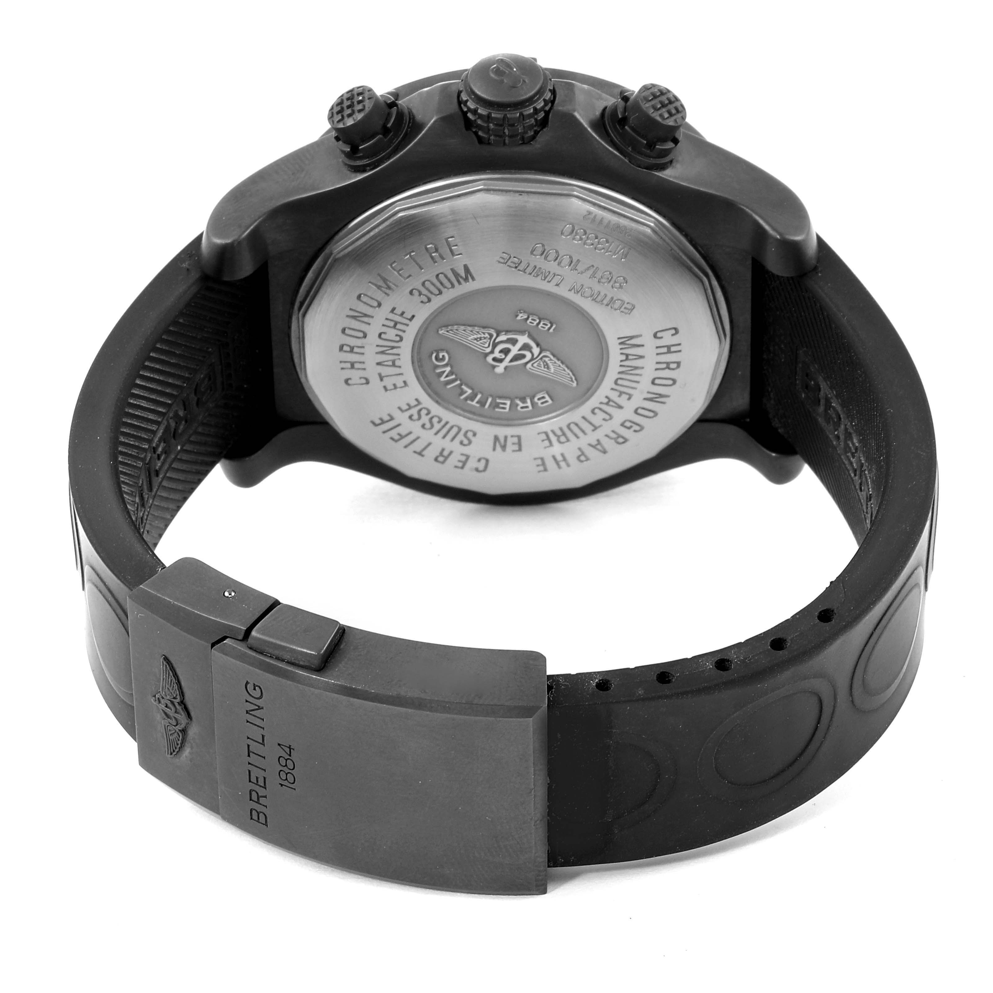 The image shows the back side of the Breitling Avenger M13380 Men
s Stainless Steel Black Dial M13380 Men
s Stainless Steel Black Dial watch, highlighting the case back and part of the strap with the clasp.