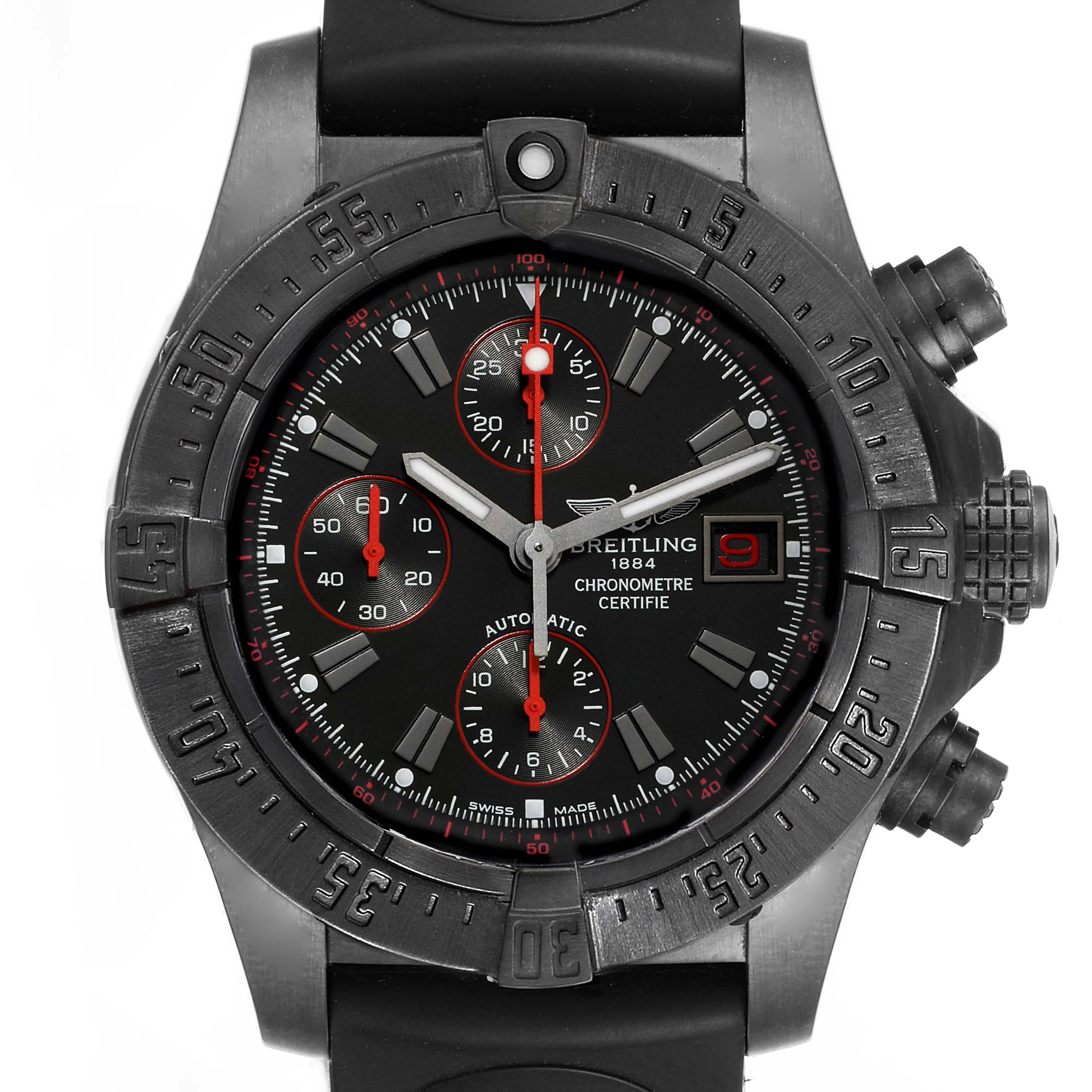 The image shows a front view of the Breitling Avenger M13380 Men
s Stainless Steel Black Dial M13380 Men
s Stainless Steel Black Dial watch, highlighting its dial, chronograph subdials, and bezel.