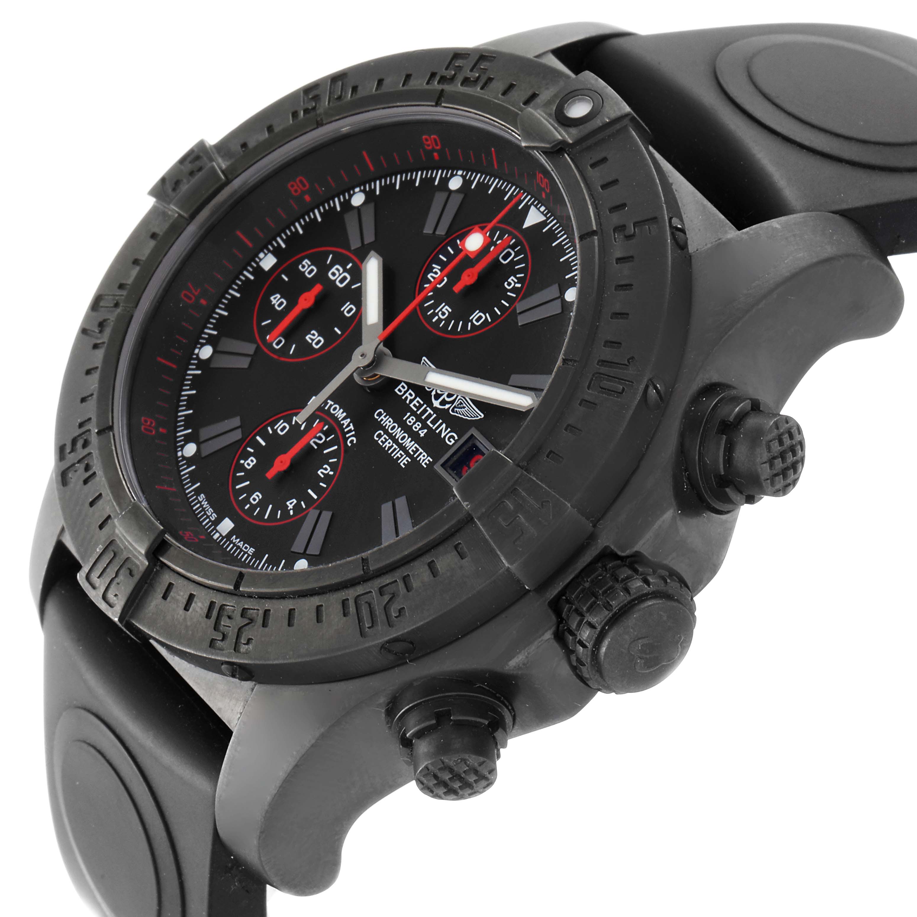 The image shows a close-up angled view of a Breitling Avenger M13380 Men
s Stainless Steel Black Dial M13380 Men
s Stainless Steel Black Dial watch, highlighting the dial, bezel, and push buttons.