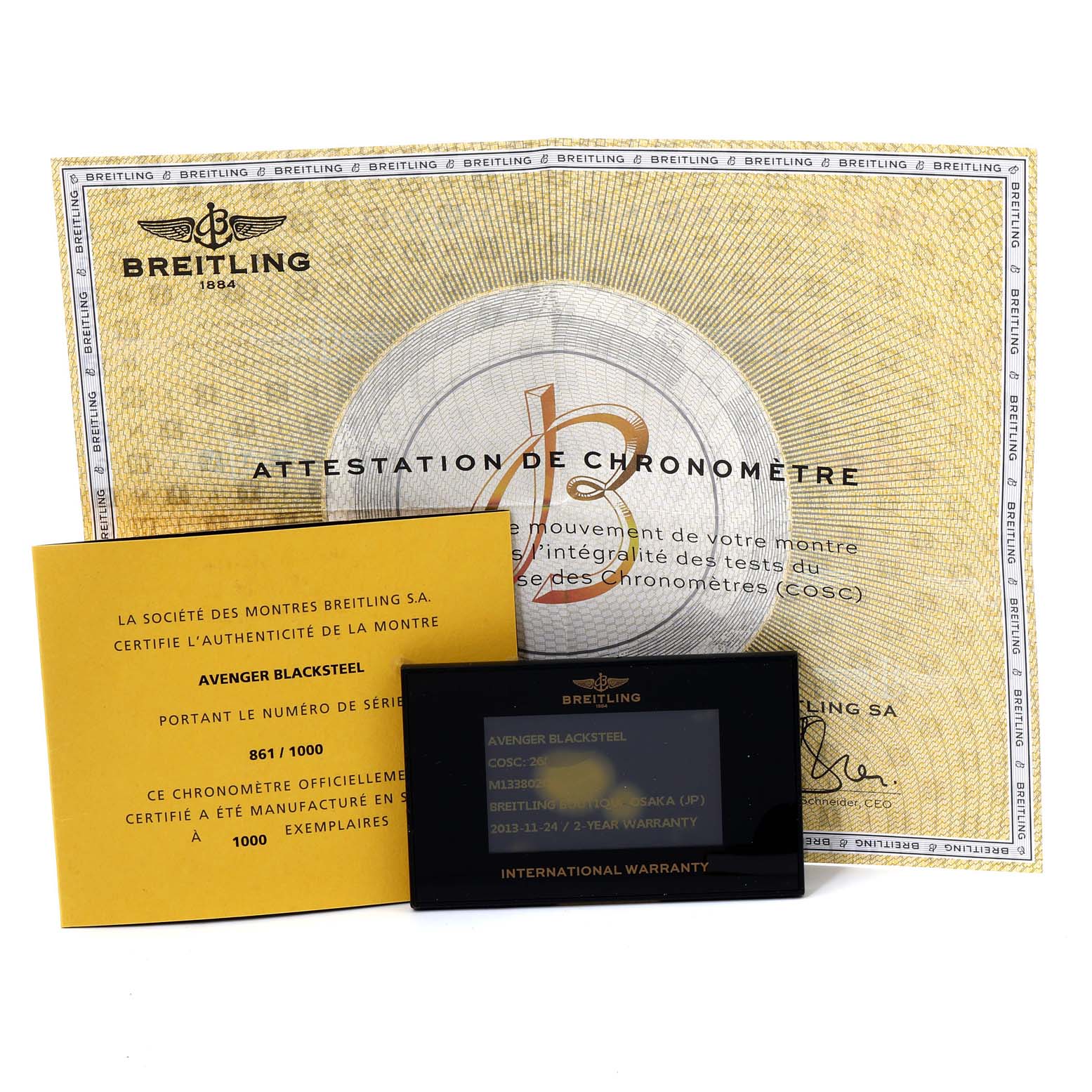 This image shows the Breitling Avenger M13380 Men
s Stainless Steel Black Dial M13380 Men
s Stainless Steel Black Dial model
s Best Quality
ation papers, warranty card, and certificate.