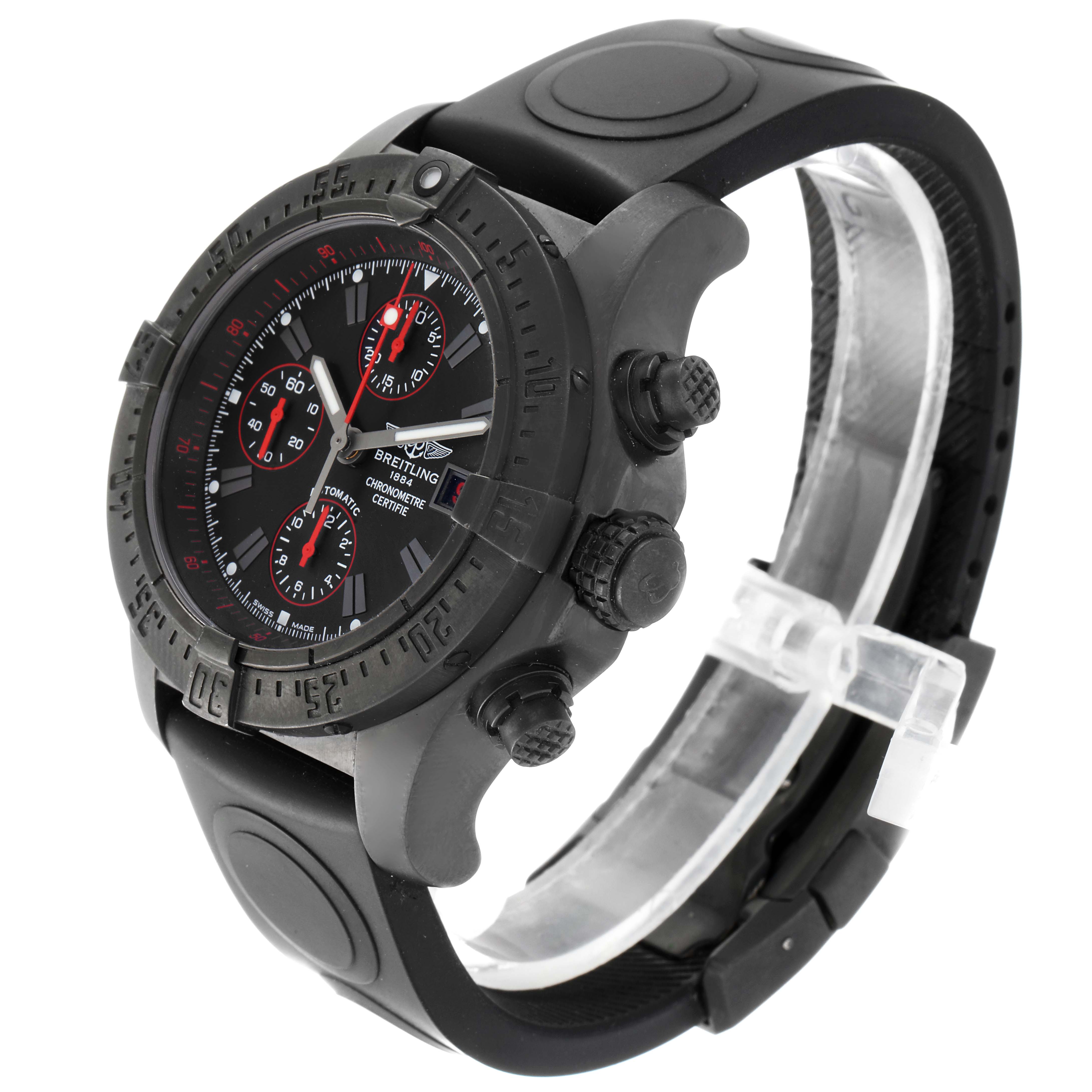 The image shows a side-angle view of the Breitling Avenger M13380 Men
s Stainless Steel Black Dial M13380 Men
s Stainless Steel Black Dial watch, highlighting its black dial, chronograph features, and rubber strap.