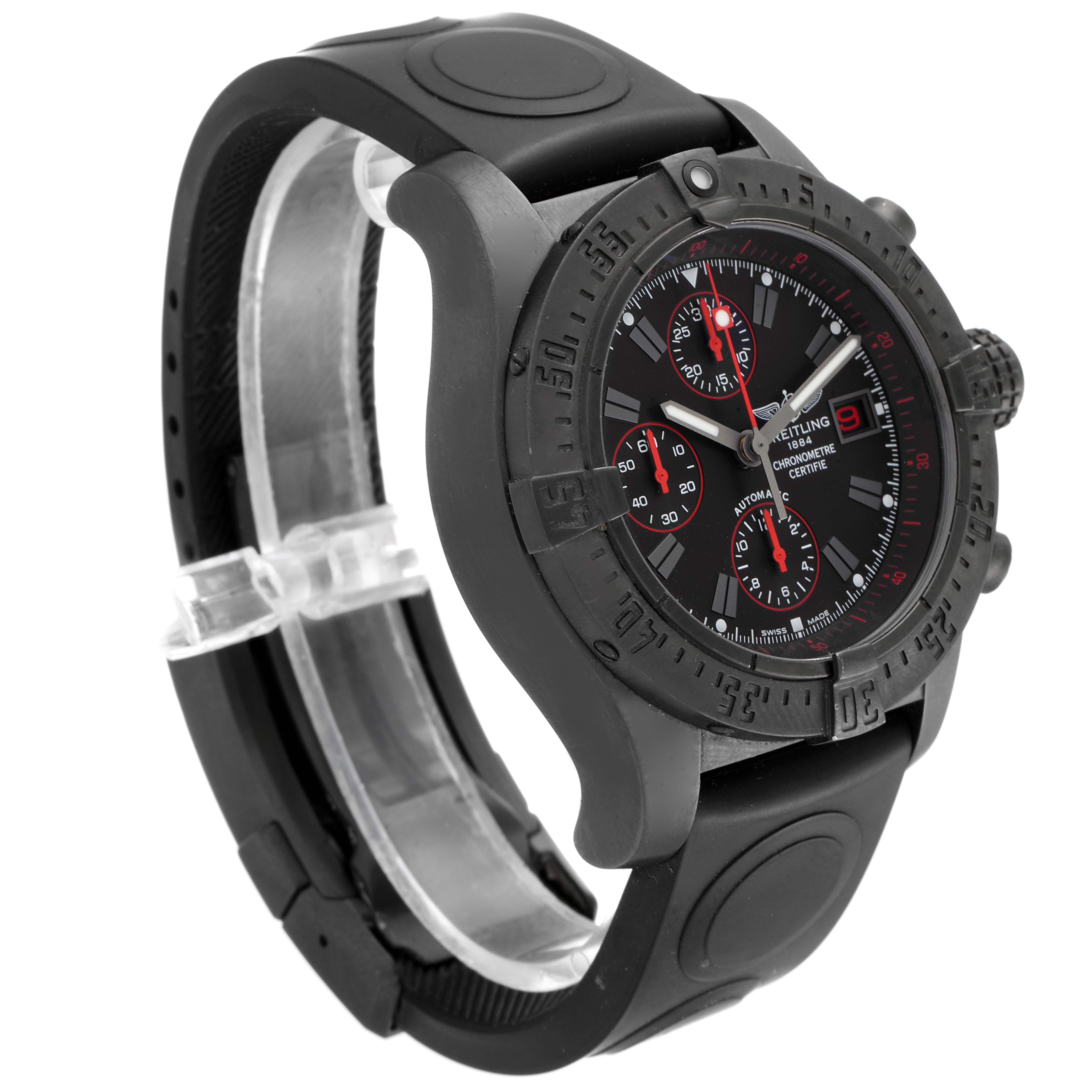 The image shows a Breitling Avenger M13380 Men
s Stainless Steel Black Dial M13380 Men
s Stainless Steel Black Dial watch from a 3/4 angle, highlighting the face, bezel, crown, and rubber strap.