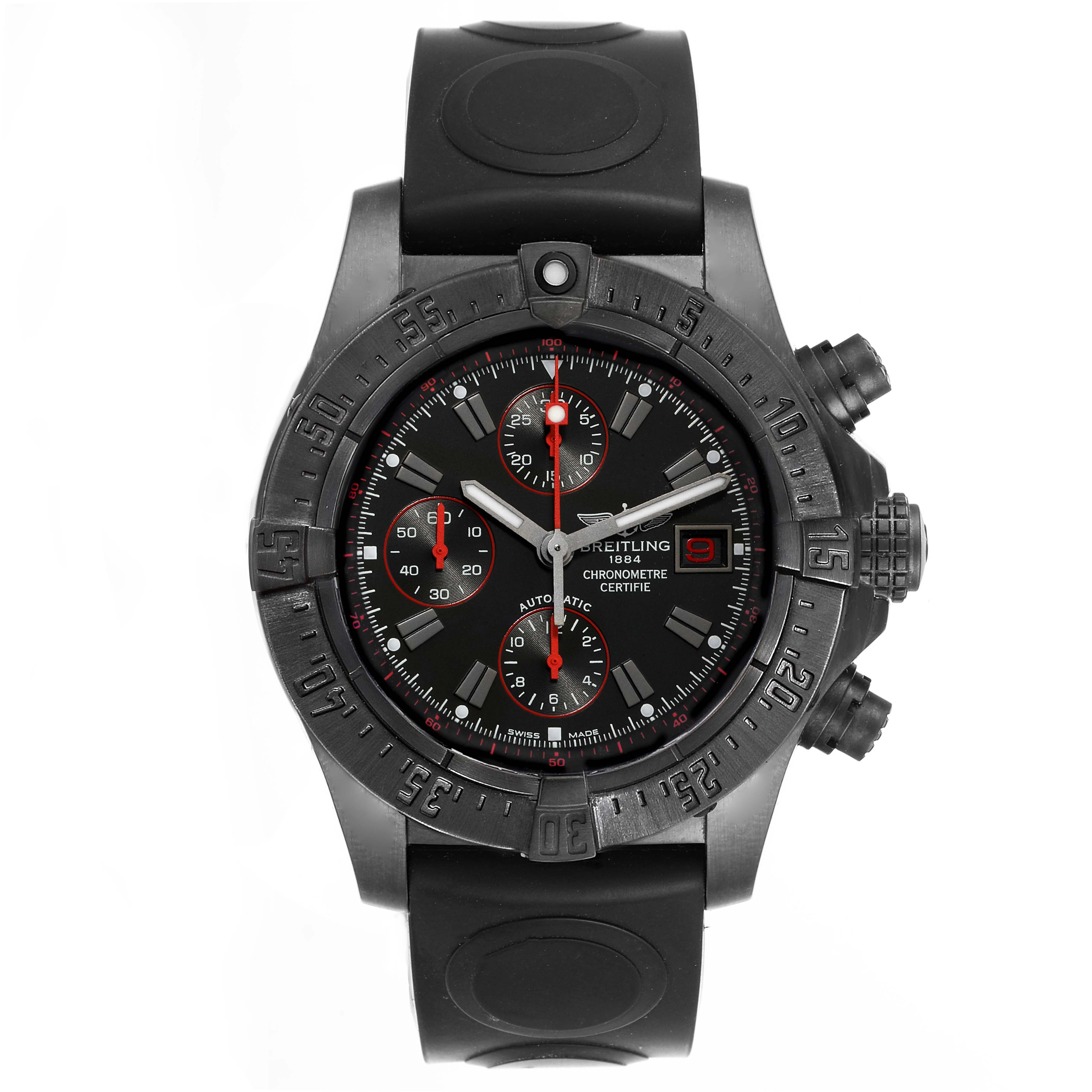 The image shows a front view of the Breitling Avenger M13380 Men
s Stainless Steel Black Dial M13380 Men
s Stainless Steel Black Dial model watch, highlighting its face, bezel, buttons, and strap.