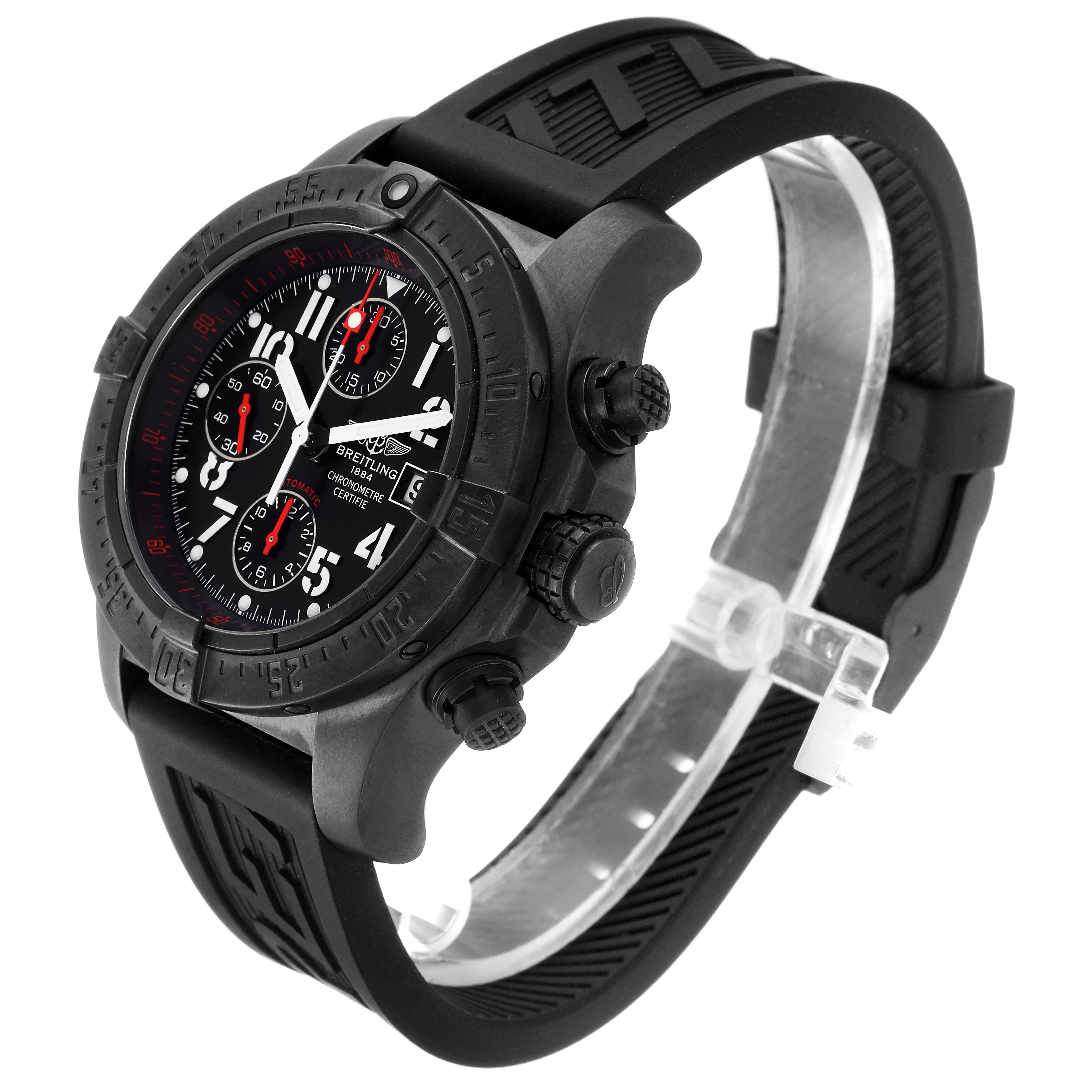 The image shows a Breitling Avenger M13380 Men's Stainless Steel Black Dial M13380 Men's Stainless Steel Black Dial watch at an angled side view, highlighting the bezel, dial, crown, and pushers.