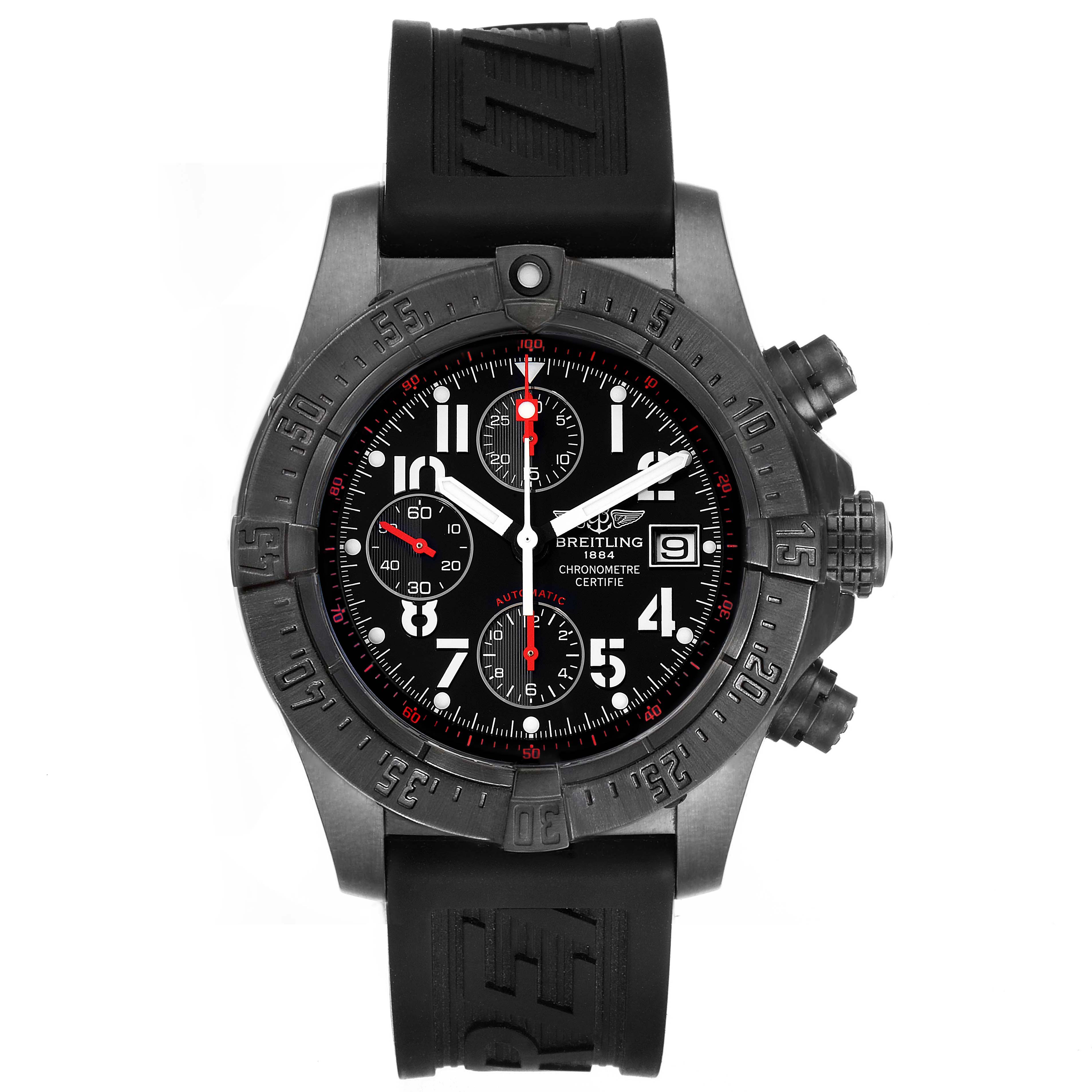 The image displays a top view of the Breitling Avenger M13380 Men's Stainless Steel Black Dial M13380 Men's Stainless Steel Black Dial watch, showing its face, bezel, pushers, and black rubber strap.