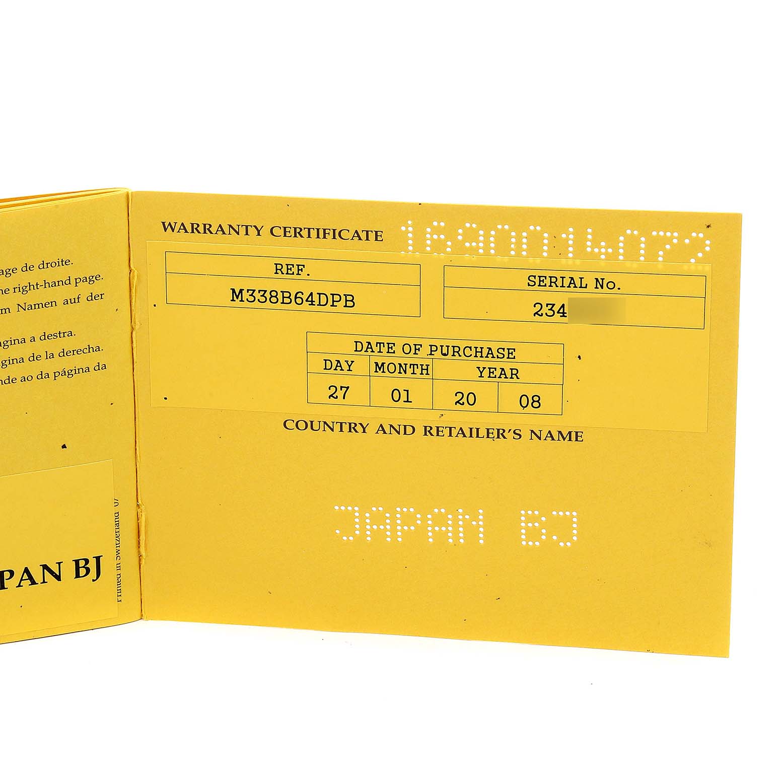 The image shows a warranty certificate for a Breitling Avenger M13380 Men's Stainless Steel Black Dial M13380 Men's Stainless Steel Black Dial watch.