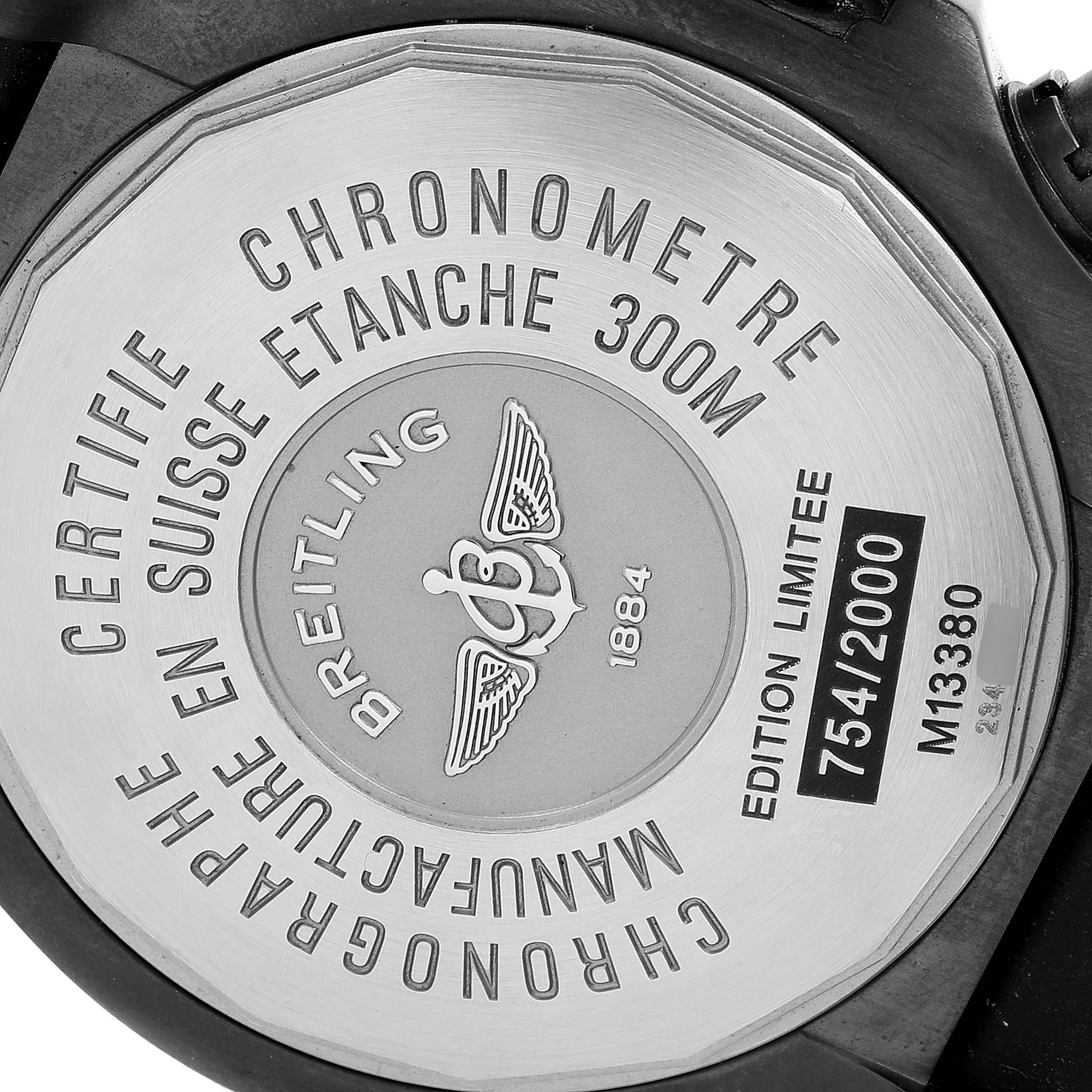 This image shows the case back of the Breitling Avenger M13380 Men's Stainless Steel Black Dial M13380 Men's Stainless Steel Black Dial watch, featuring inscriptions detailing water resistance and limited edition numbering.