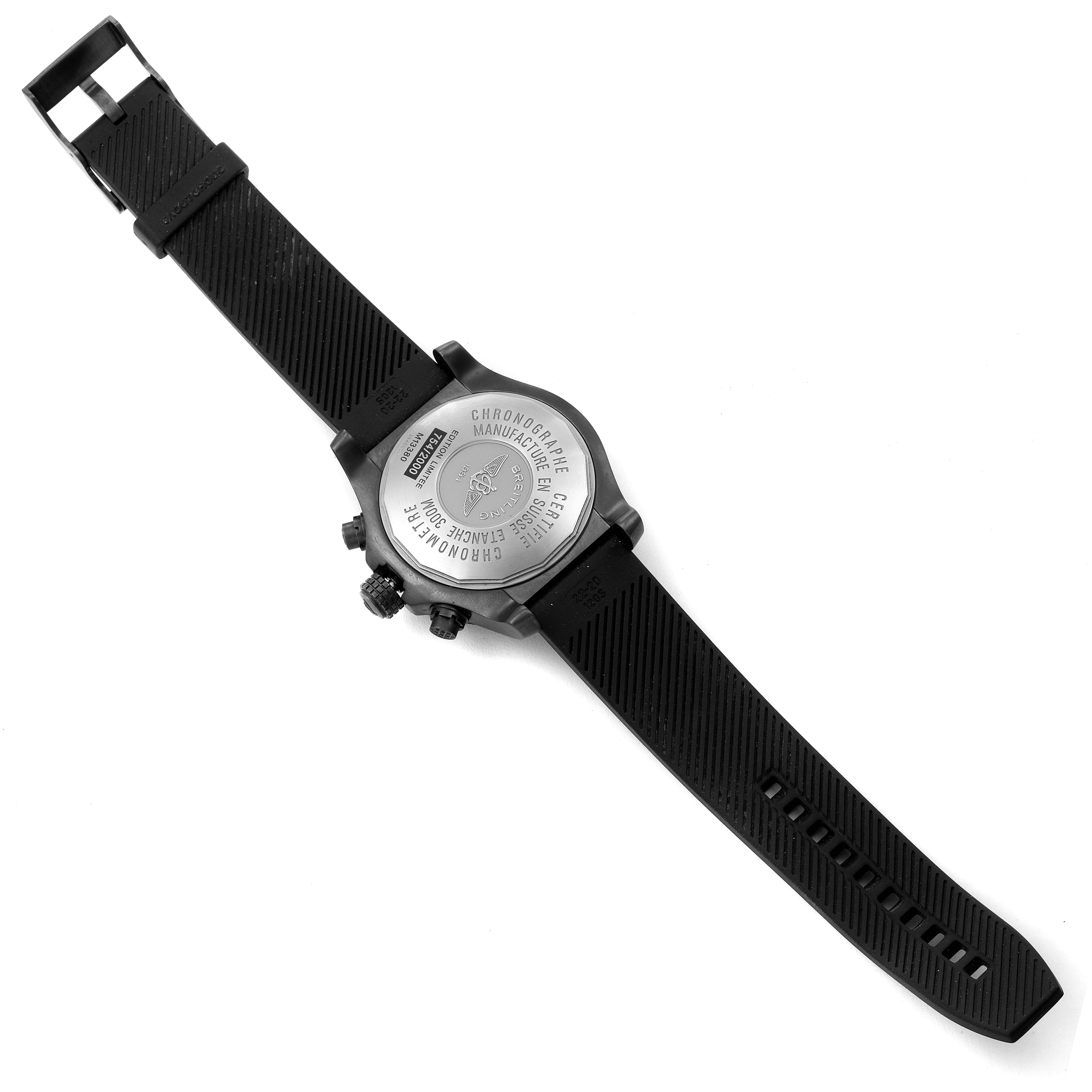 The image shows the back view of a Breitling Avenger M13380 Men's Stainless Steel Black Dial M13380 Men's Stainless Steel Black Dial watch, highlighting its case back and the rubber strap.