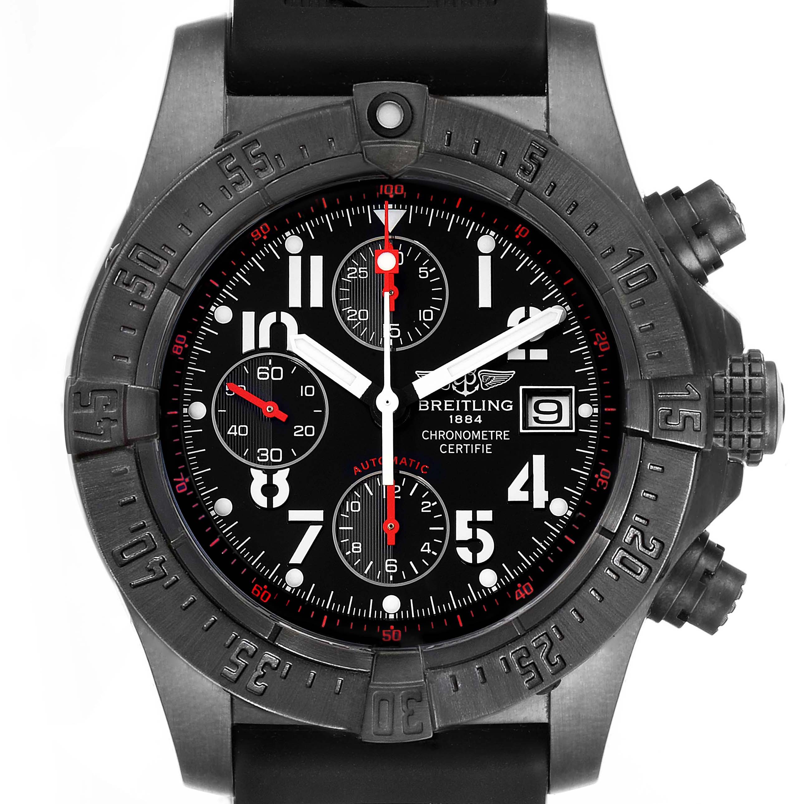The image shows a frontal view of the Breitling Avenger M13380 Men's Stainless Steel Black Dial M13380 Men's Stainless Steel Black Dial watch, displaying its dial, bezel, and crown.