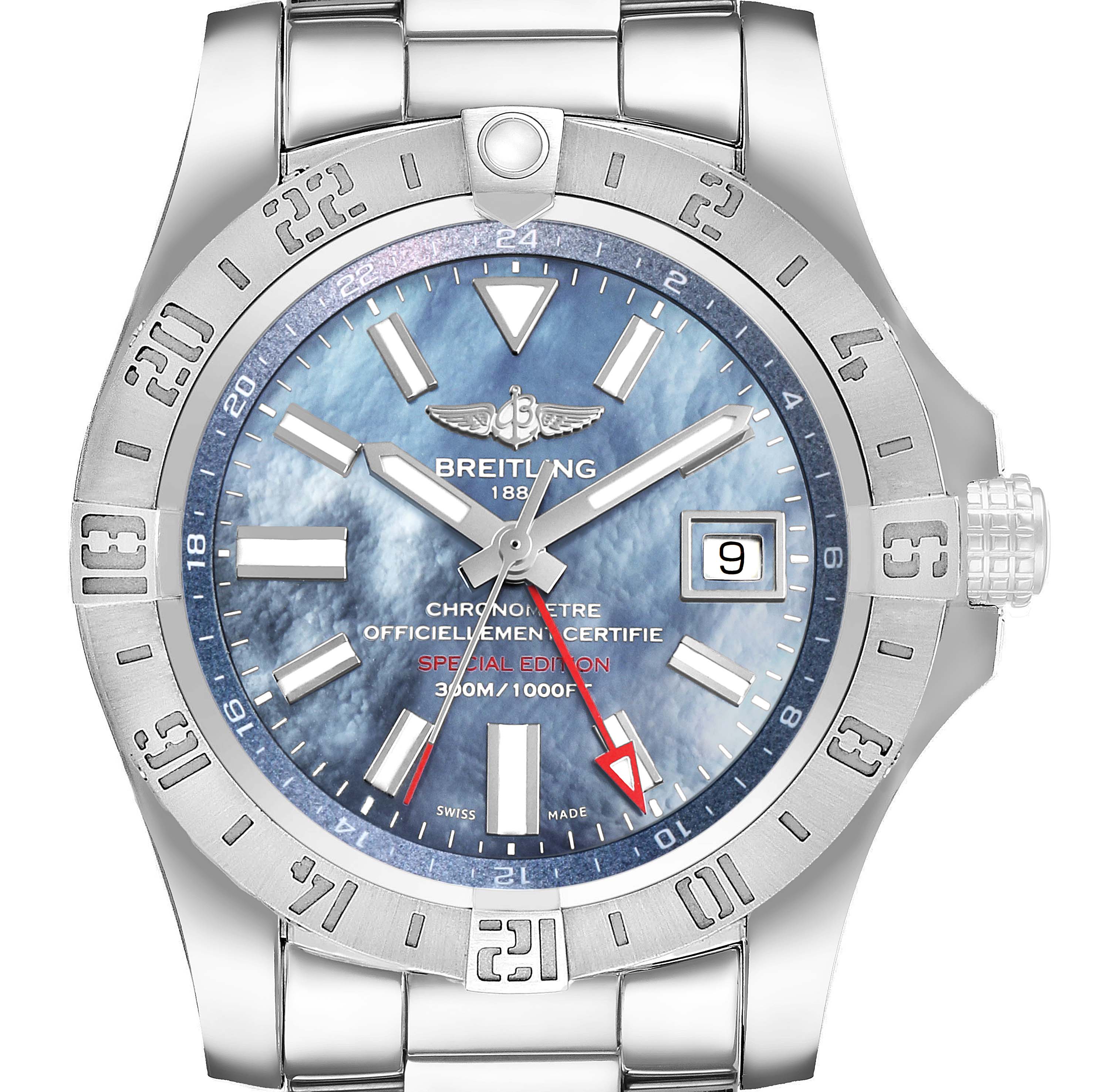 The image shows a front view of the Breitling Avenger A3239011/C930 Men's Stainless Steel Blue Dial watch, highlighting the dial, bezel, and part of the bracelet.