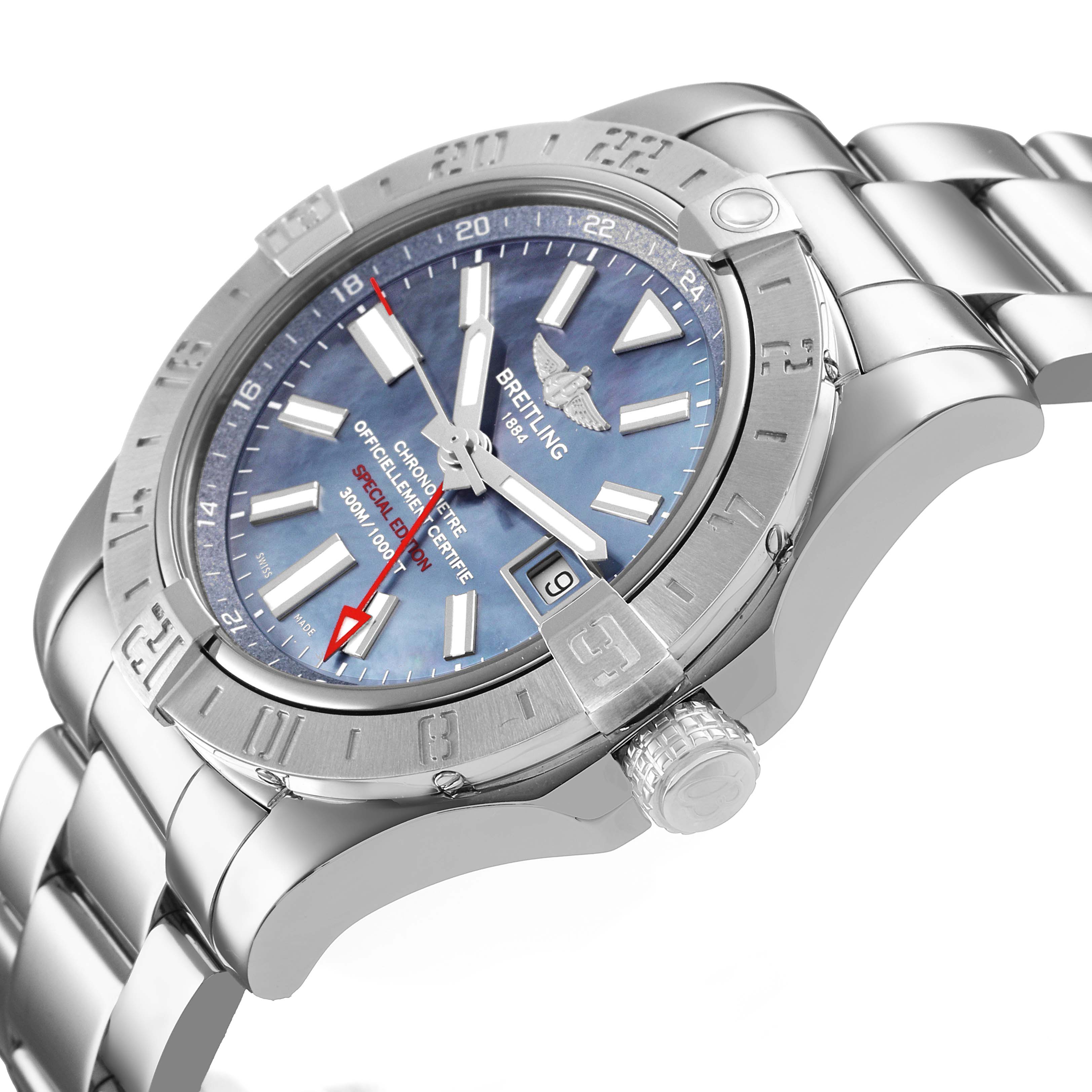 The Breitling Avenger A3239011/C930 Men's Stainless Steel Blue Dial watch is shown at an angled side view, highlighting the face, bezel, bracelet, and crown.