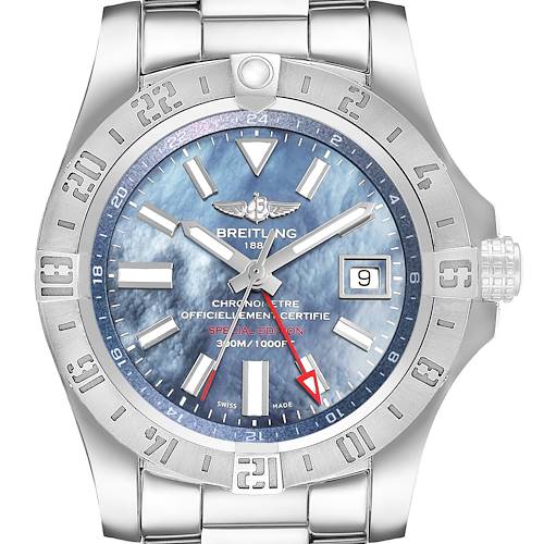 The Breitling Avenger A3239011/C930 Men's Stainless Steel Blue Dial watch is shown from the front, displaying the dial, hands, date, and rotating bezel.