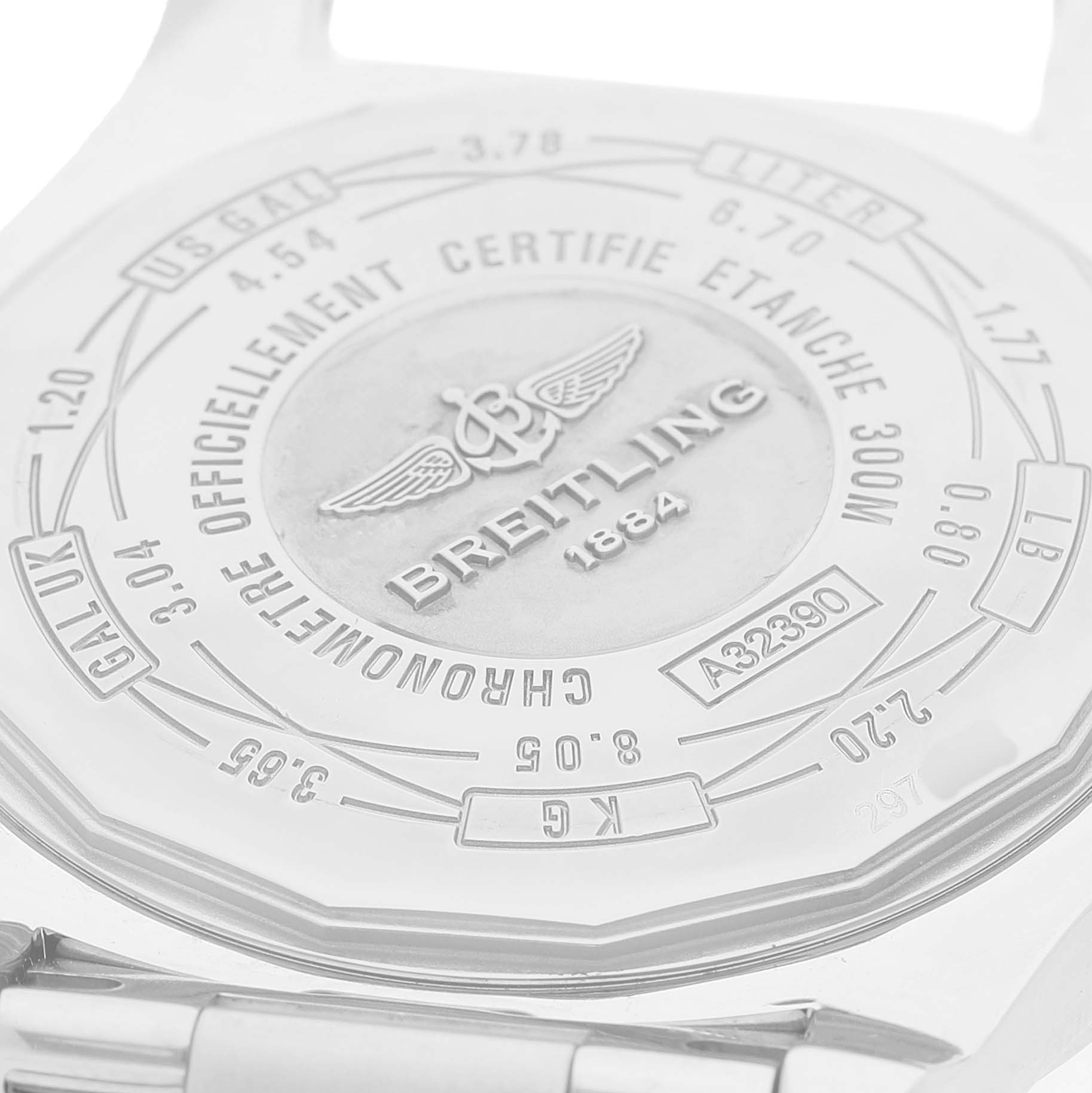 The image shows the case back of a Breitling Avenger A3239011/C930 Men's Stainless Steel Blue Dial watch from an angled close-up perspective, highlighting engravings.