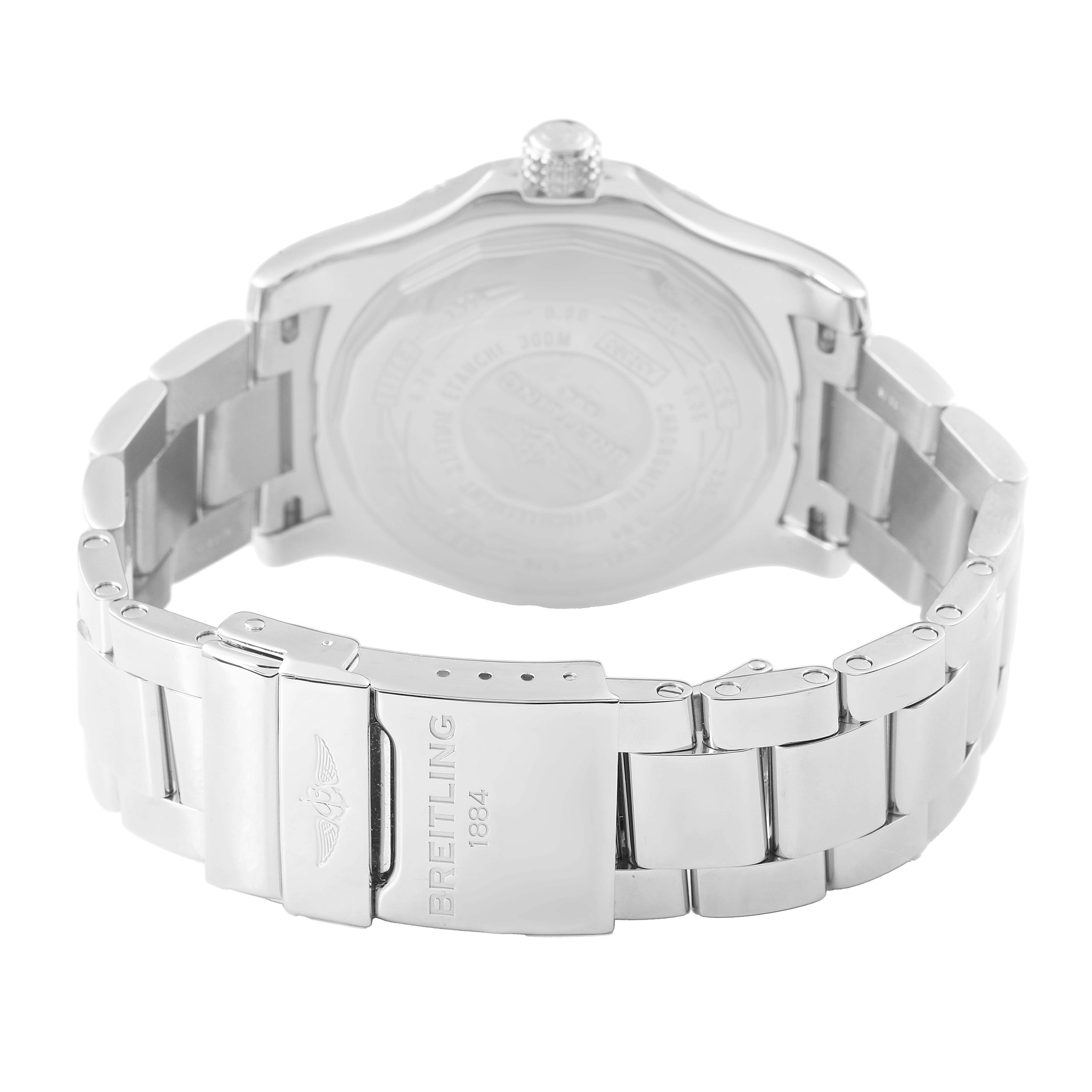 The image shows the back of a Breitling Avenger A3239011/C930 Men's Stainless Steel Blue Dial watch and its bracelet clasp, highlighting the metal links and buckle.