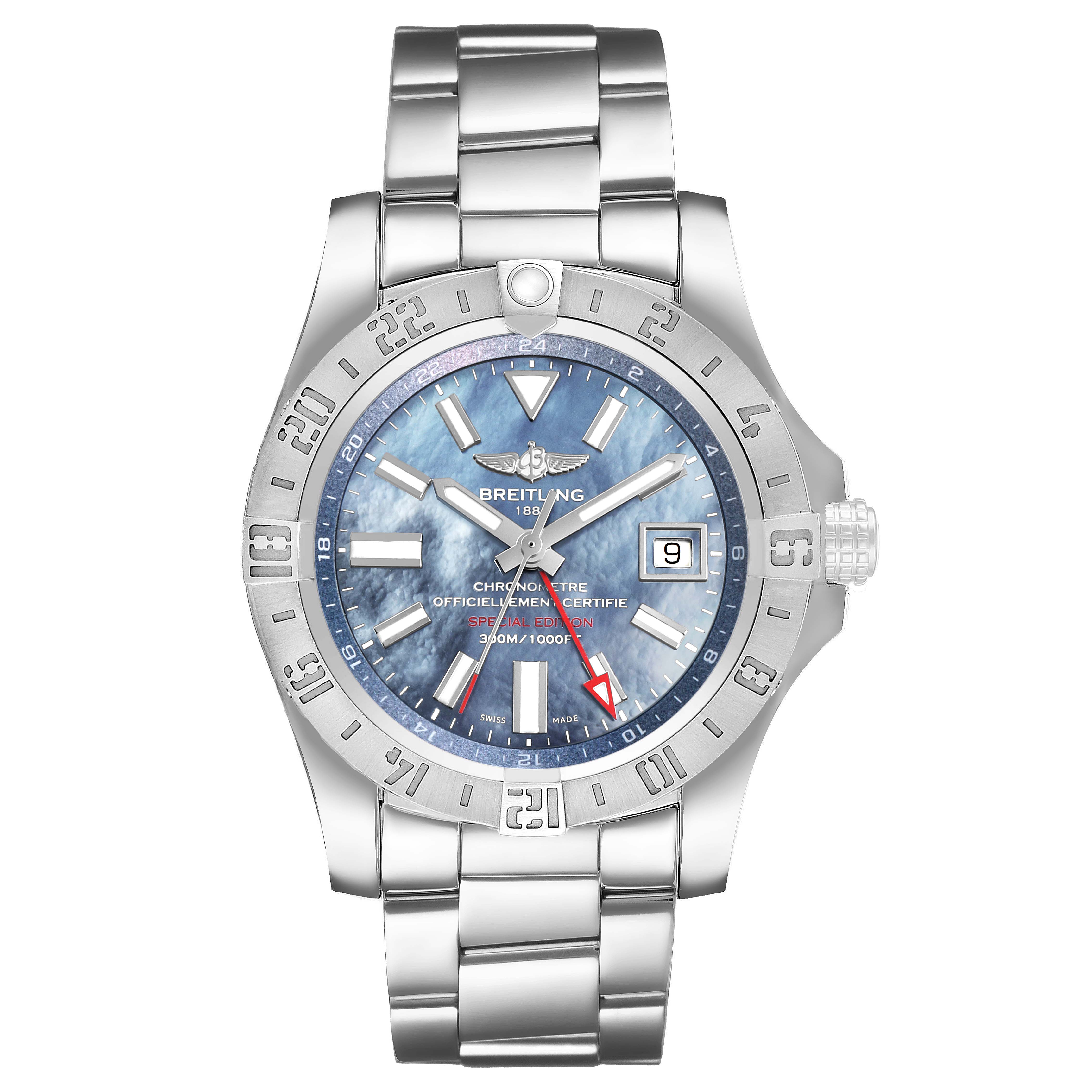 The Breitling Avenger A3239011/C930 Men's Stainless Steel Blue Dial watch is shown from the front, displaying the dial, bezel, crown, and metal bracelet.