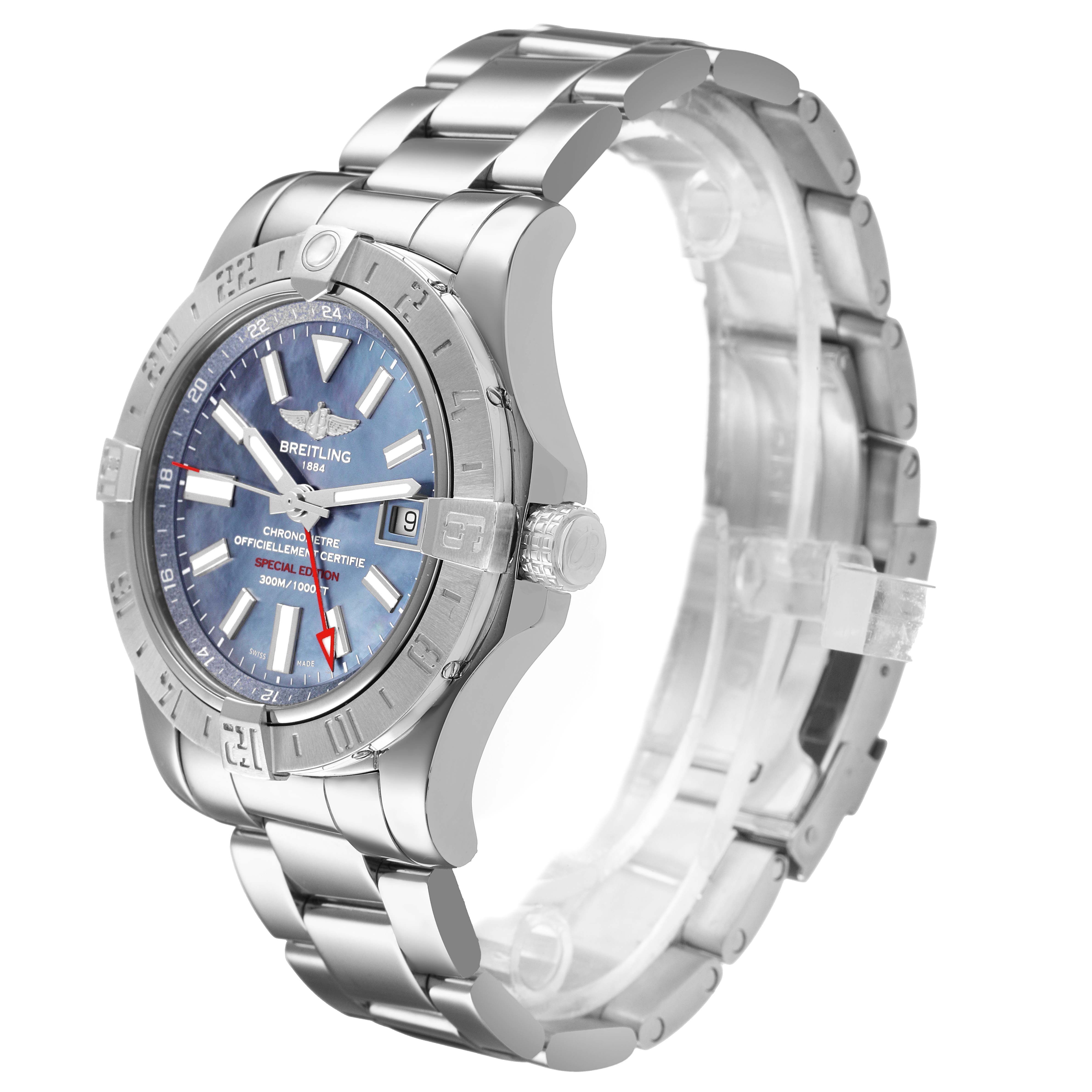 The Breitling Avenger A3239011/C930 Men's Stainless Steel Blue Dial watch is shown from a side angle, highlighting the bracelet, bezel, crown, and dial.