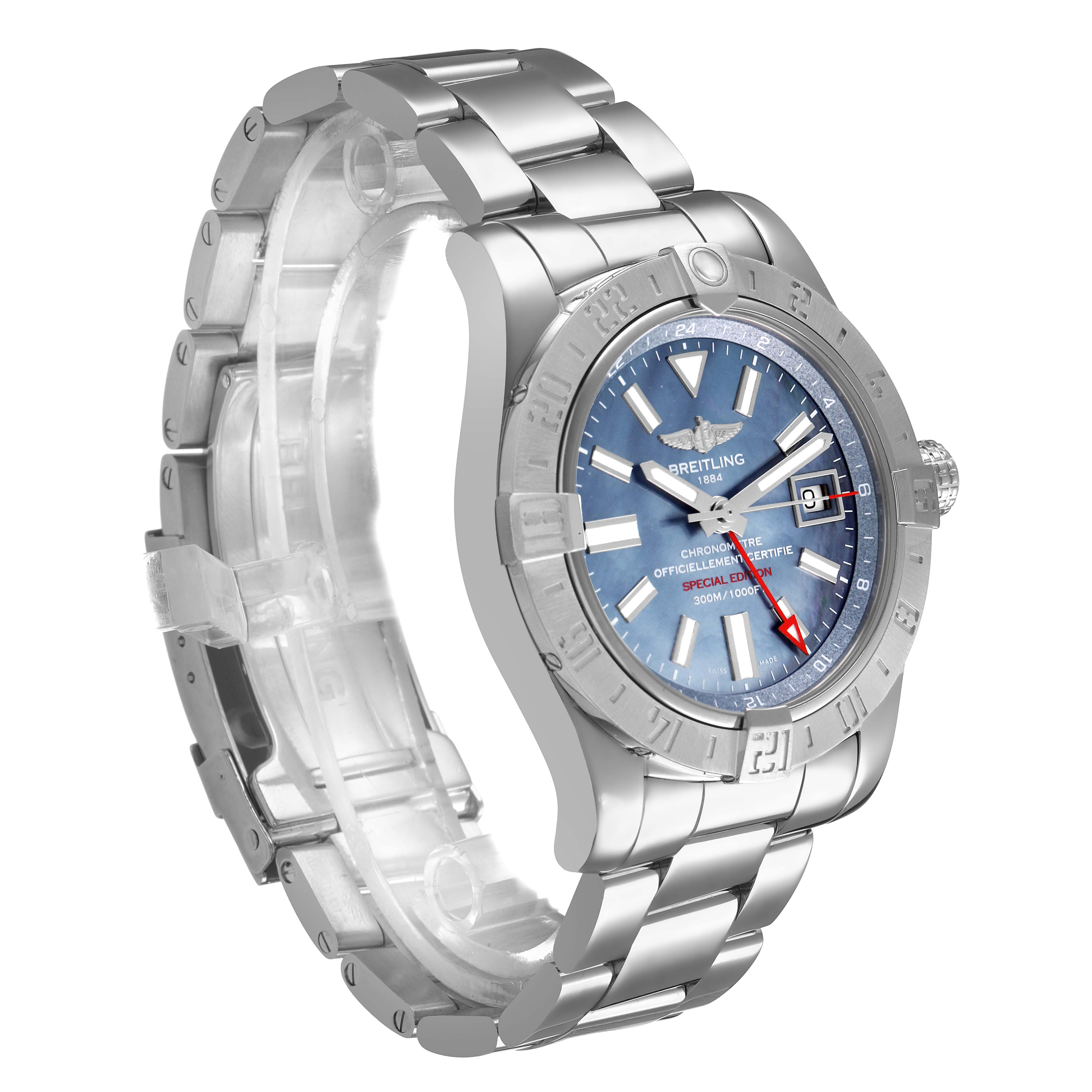The Breitling Avenger A3239011/C930 Men's Stainless Steel Blue Dial watch is shown at a three-quarter angle, highlighting the face, bezel, and metal bracelet.