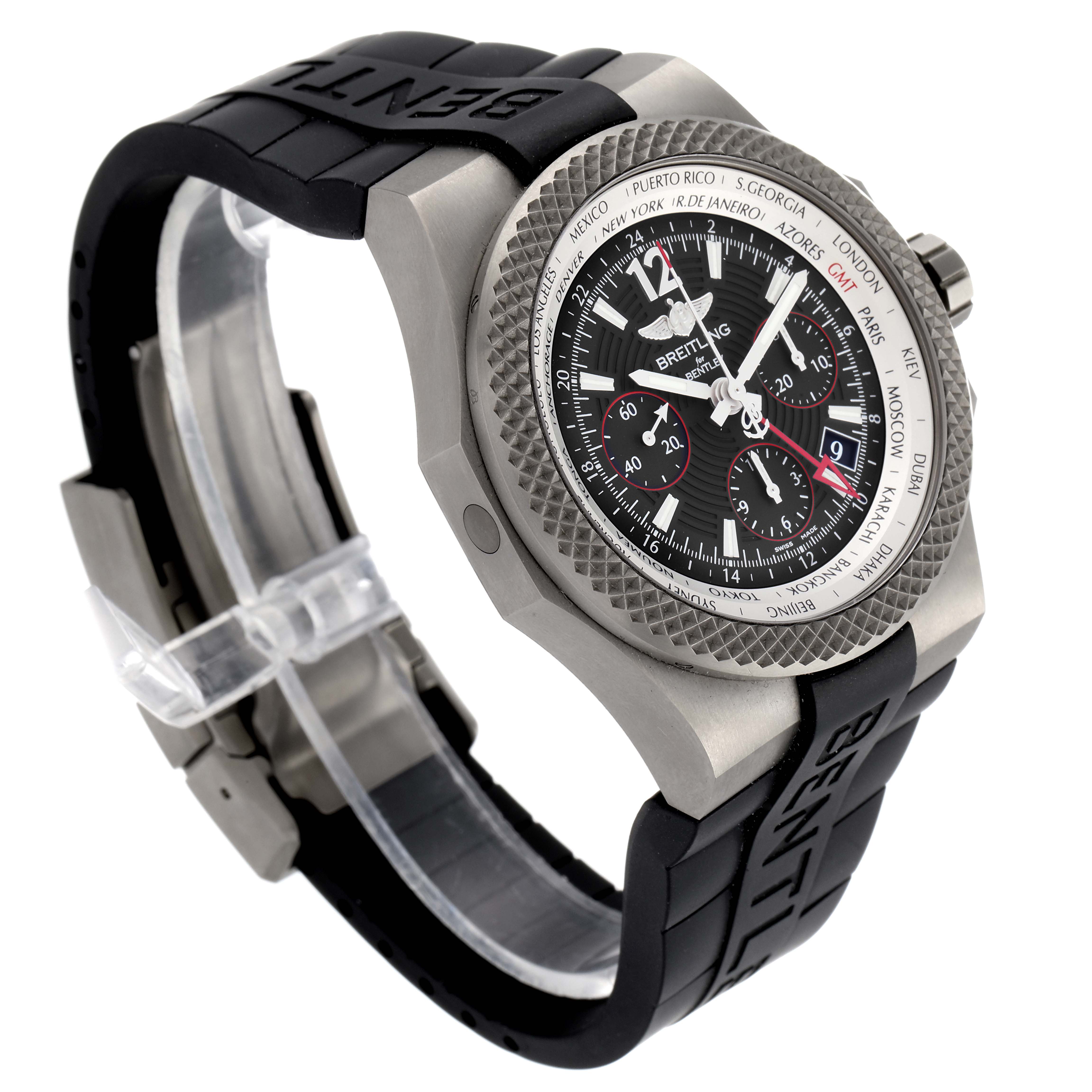 The image shows a Breitling Bentley EB0433 Men's Titanium Black Dial EB0433 Men's Titanium Black Dial model watch at a 3/4 angle, highlighting the dial, bezel, and black rubber strap.