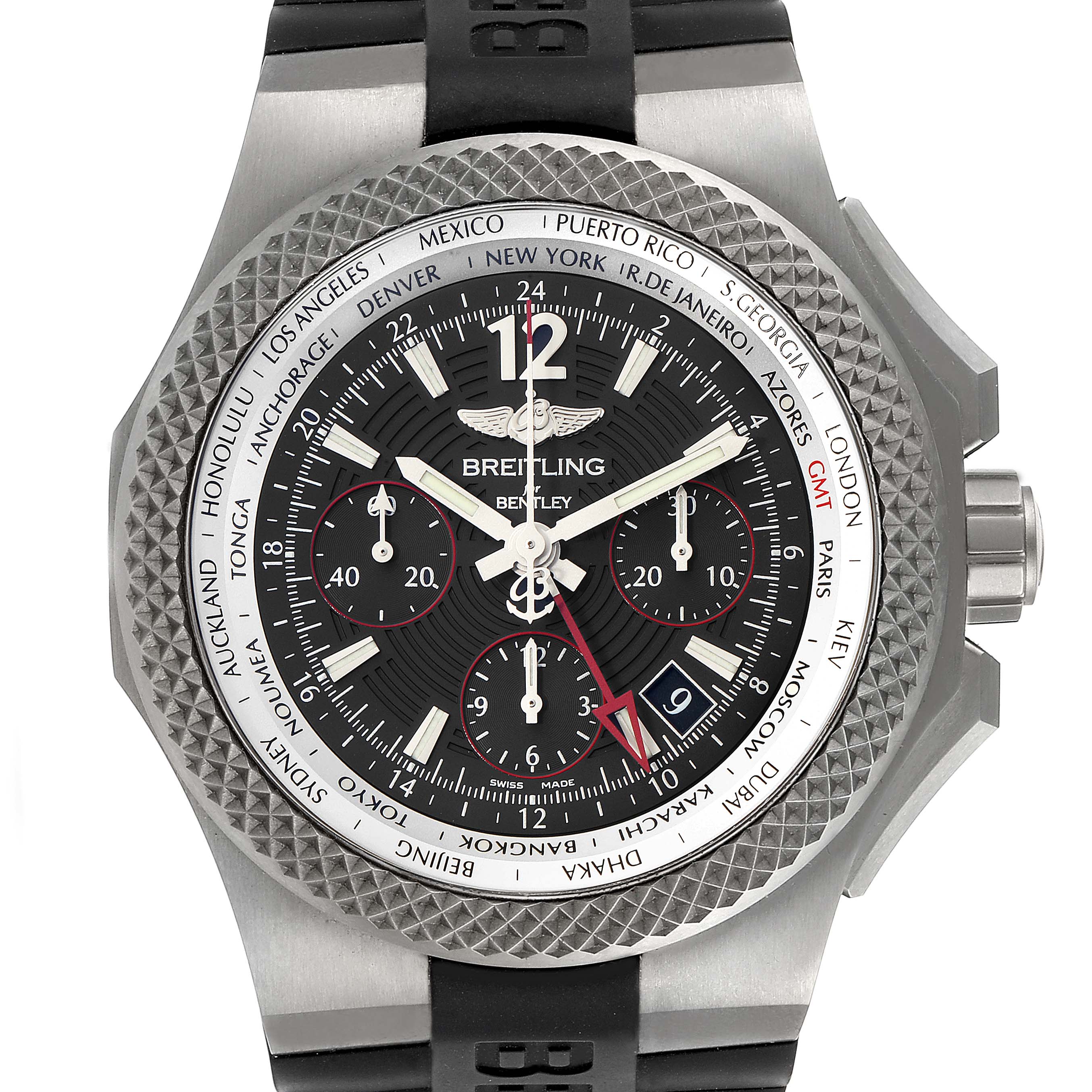 The image shows a front view of the Bentley model by Breitling, highlighting the bezel, dial, sub-dials, and time zone markers.