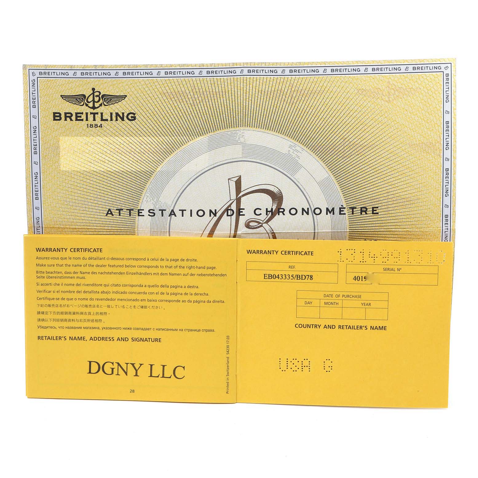 The image shows the warranty certificate and chronometer attestation for a Breitling Bentley EB0433 Men's Titanium Black Dial EB0433 Men's Titanium Black Dial model watch.