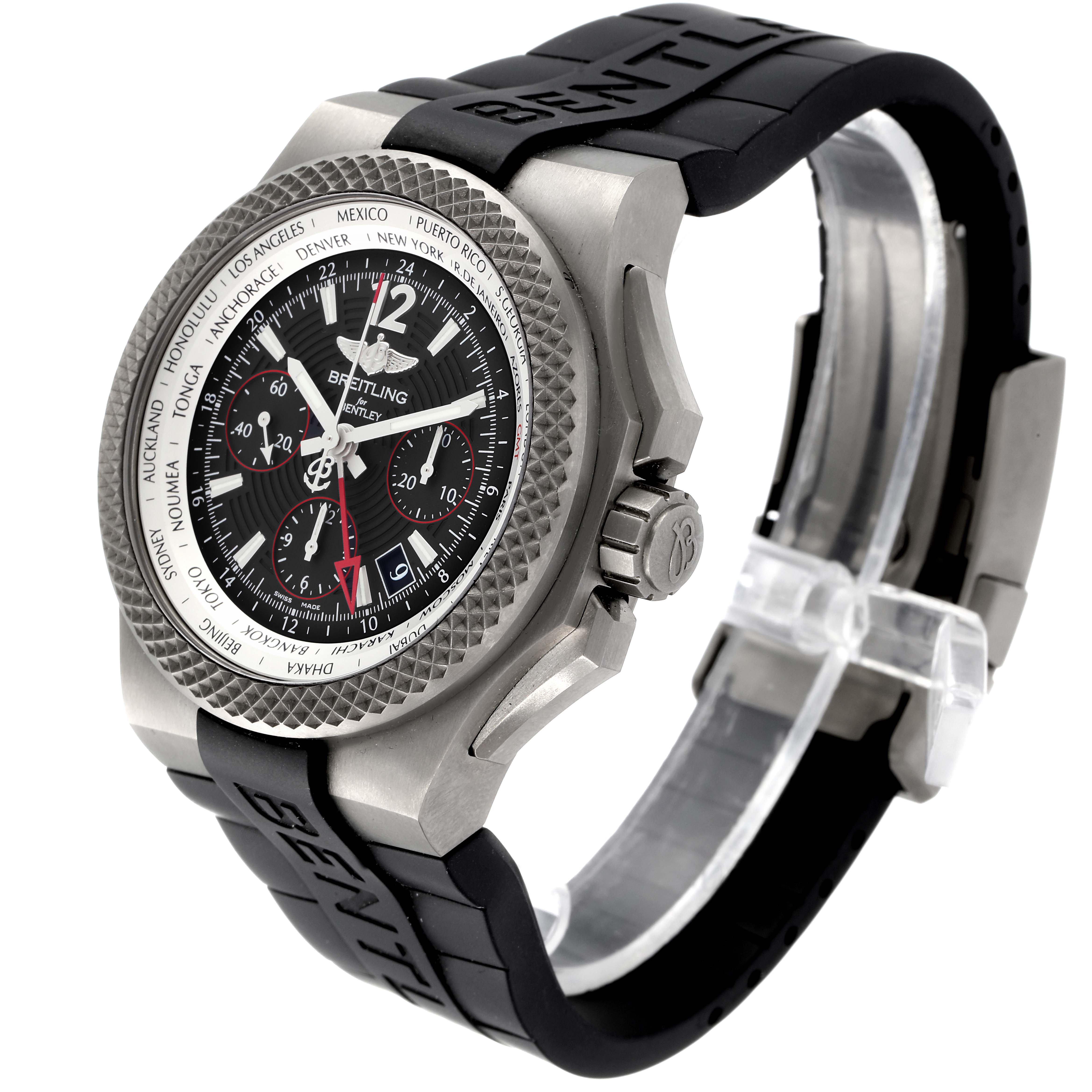 The image shows a side-angle view of a Breitling Bentley EB0433 Men's Titanium Black Dial EB0433 Men's Titanium Black Dial watch, highlighting the face, bezel, crown, and rubber strap.