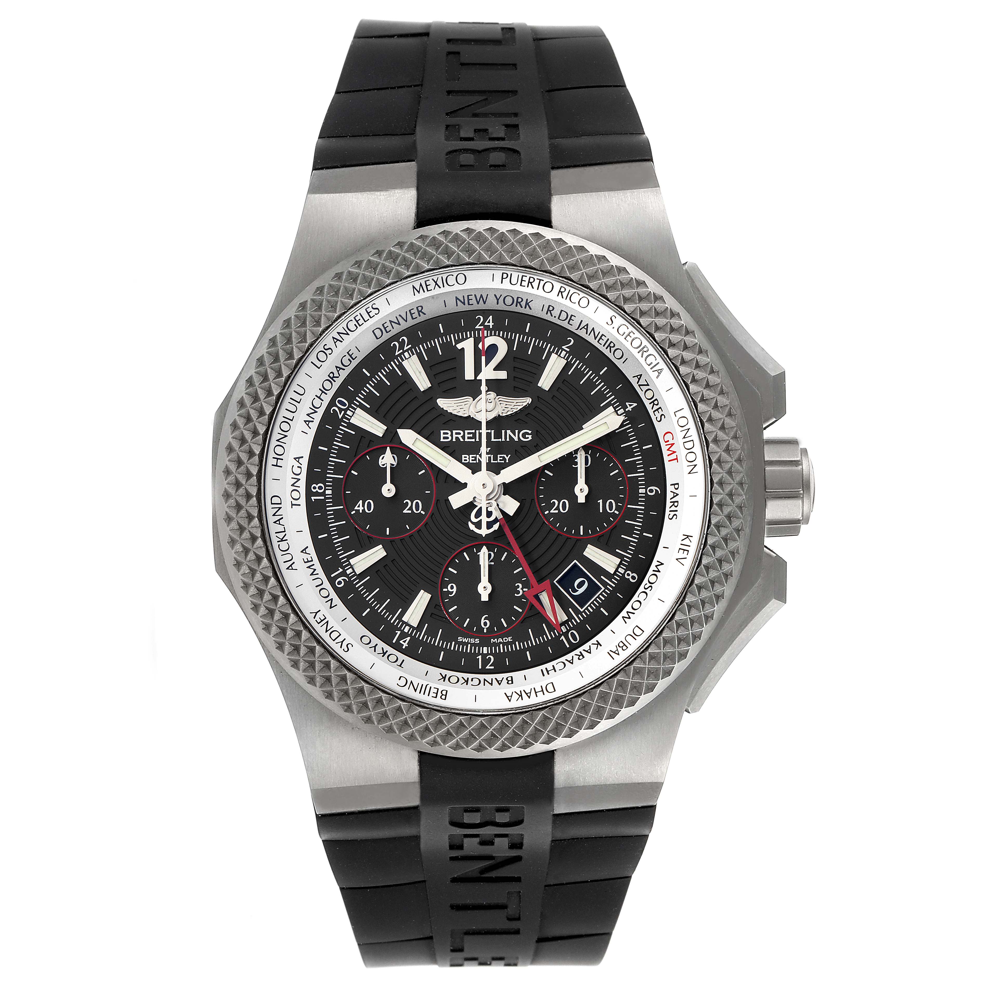 The image shows a front view of a Breitling Bentley EB0433 Men's Titanium Black Dial EB0433 Men's Titanium Black Dial watch, featuring the face, dial, and strap.