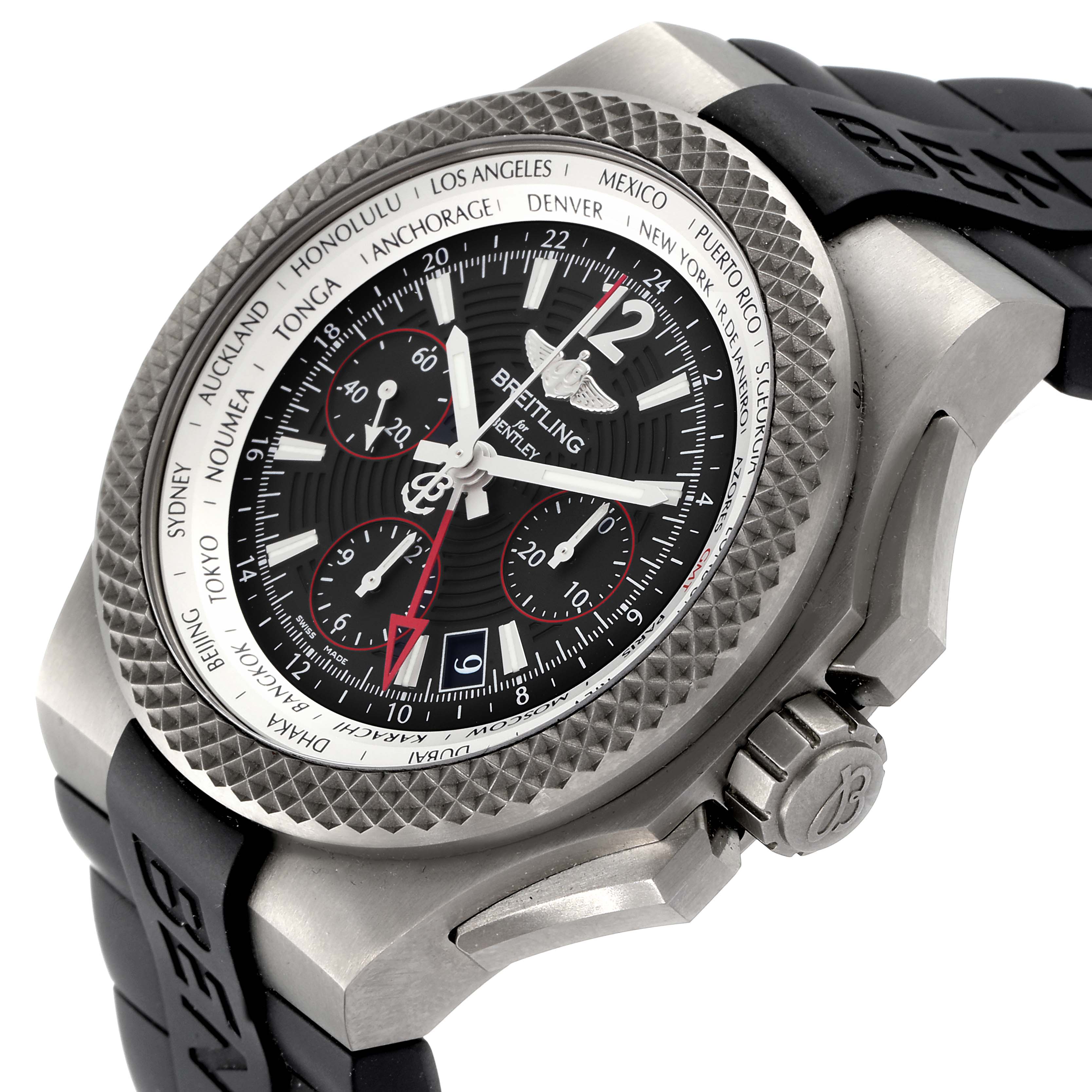 The image shows the side and face of a Bentley model watch by Breitling, featuring a textured bezel and rubber strap.