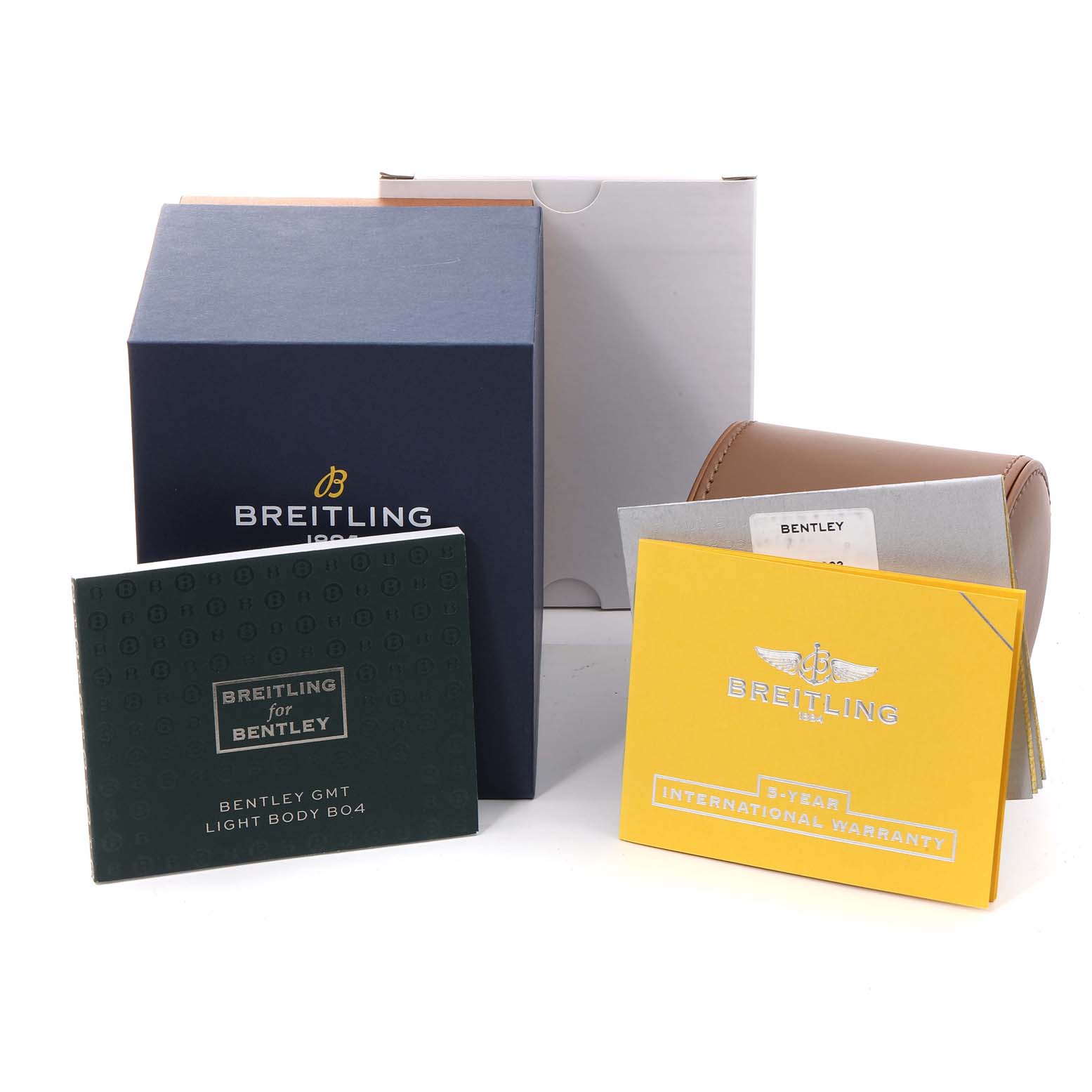 The image shows the box, manuals, and warranty card for the Breitling Bentley EB0433 Men's Titanium Black Dial EB0433 Men's Titanium Black Dial model watch.