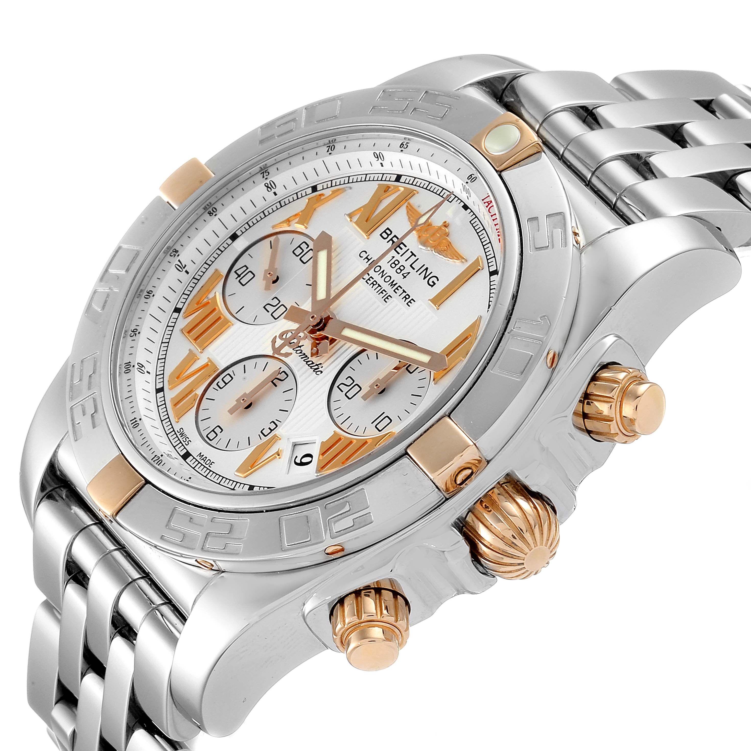 The Breitling Chronomat IB0110 Men
s Stainless Steel Silver Dial IB0110 Men
s Stainless Steel Silver Dial watch is shown at an angled close-up, highlighting its face, bezel, crown, and pushers.