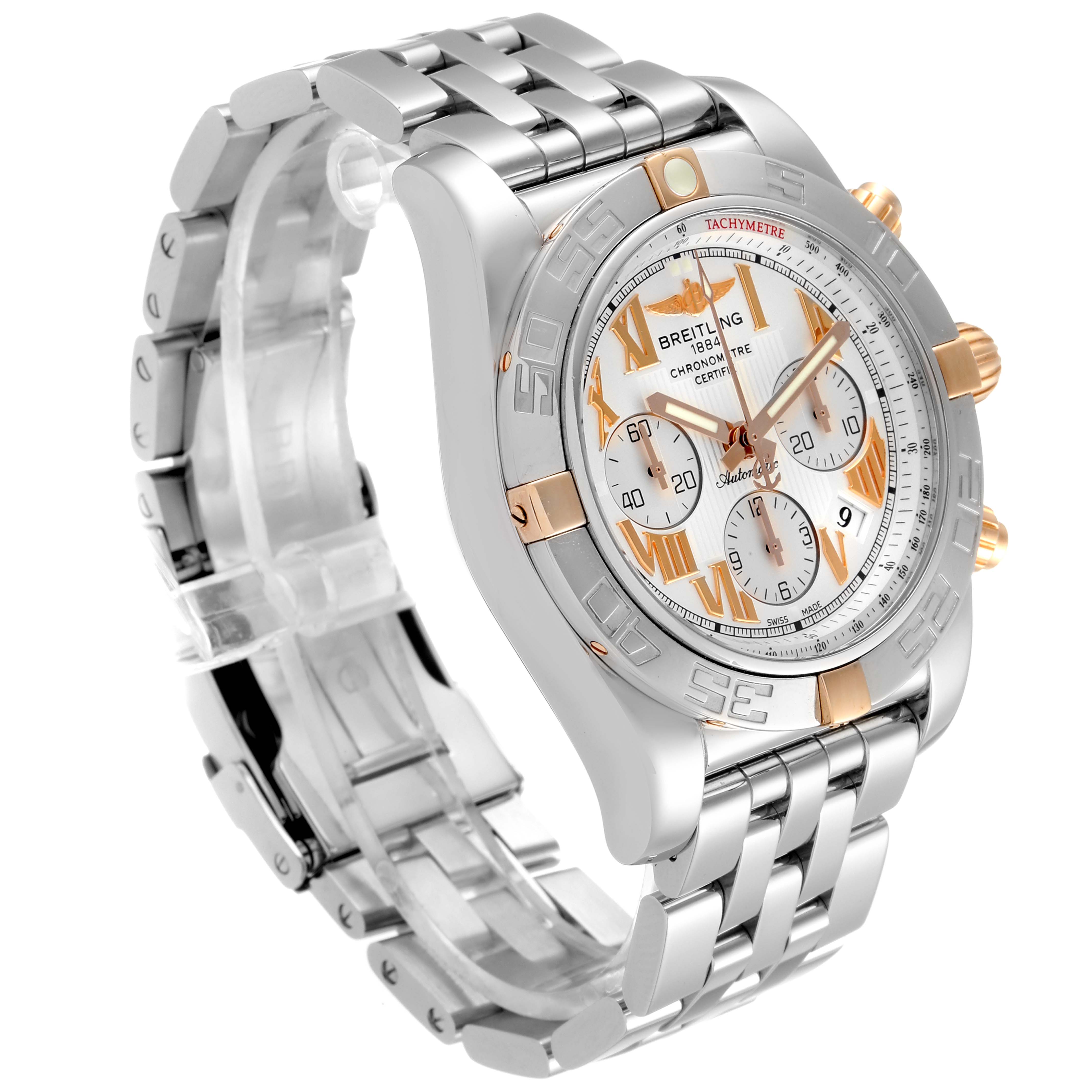 The image shows a Breitling Chronomat IB0110 Men
s Stainless Steel Silver Dial IB0110 Men
s Stainless Steel Silver Dial watch at an angle highlighting its face, bezel, bracelet, and chronograph dials.