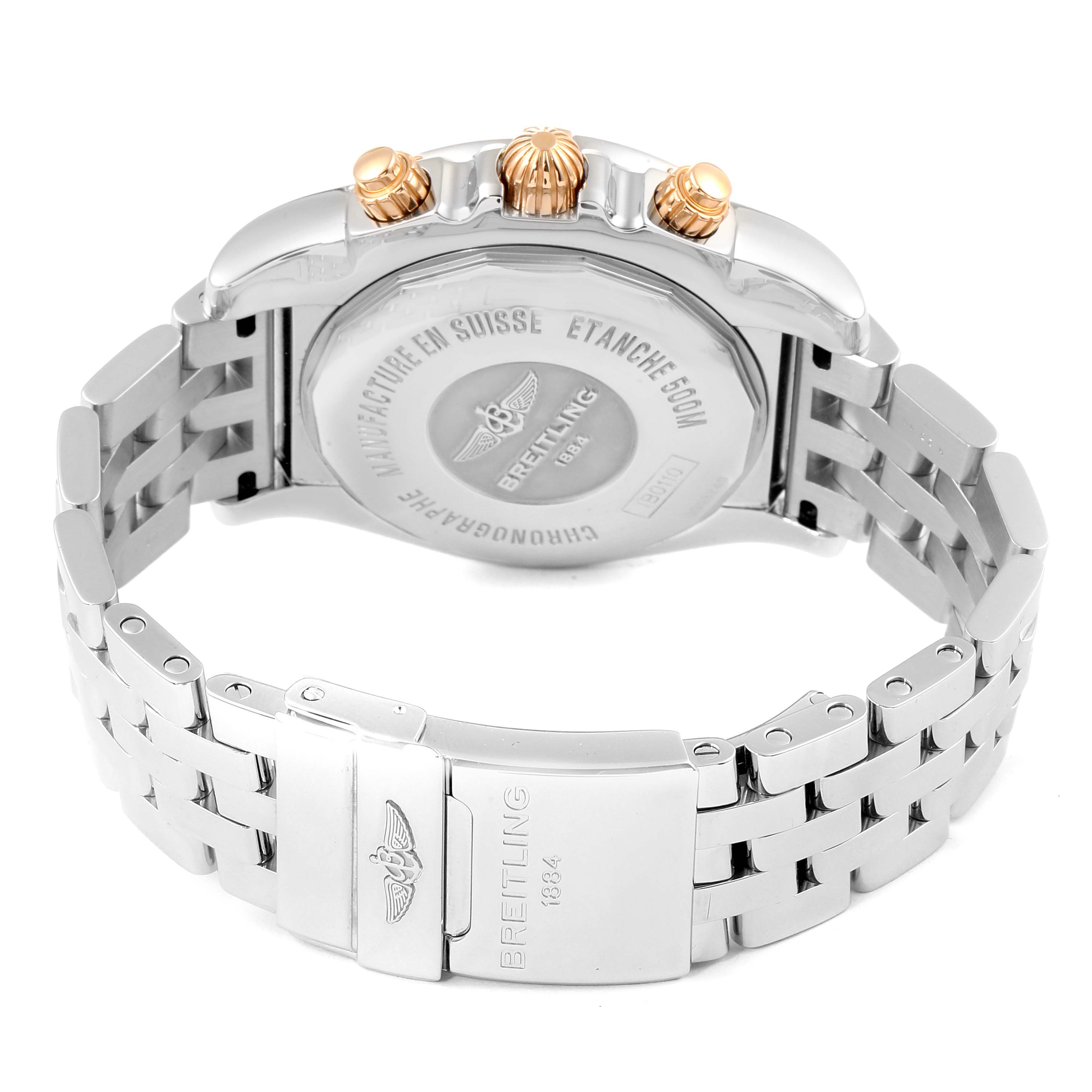 The image shows the back case, crown, and bracelet of the Breitling Chronomat IB0110 Men
s Stainless Steel Silver Dial IB0110 Men
s Stainless Steel Silver Dial watch.