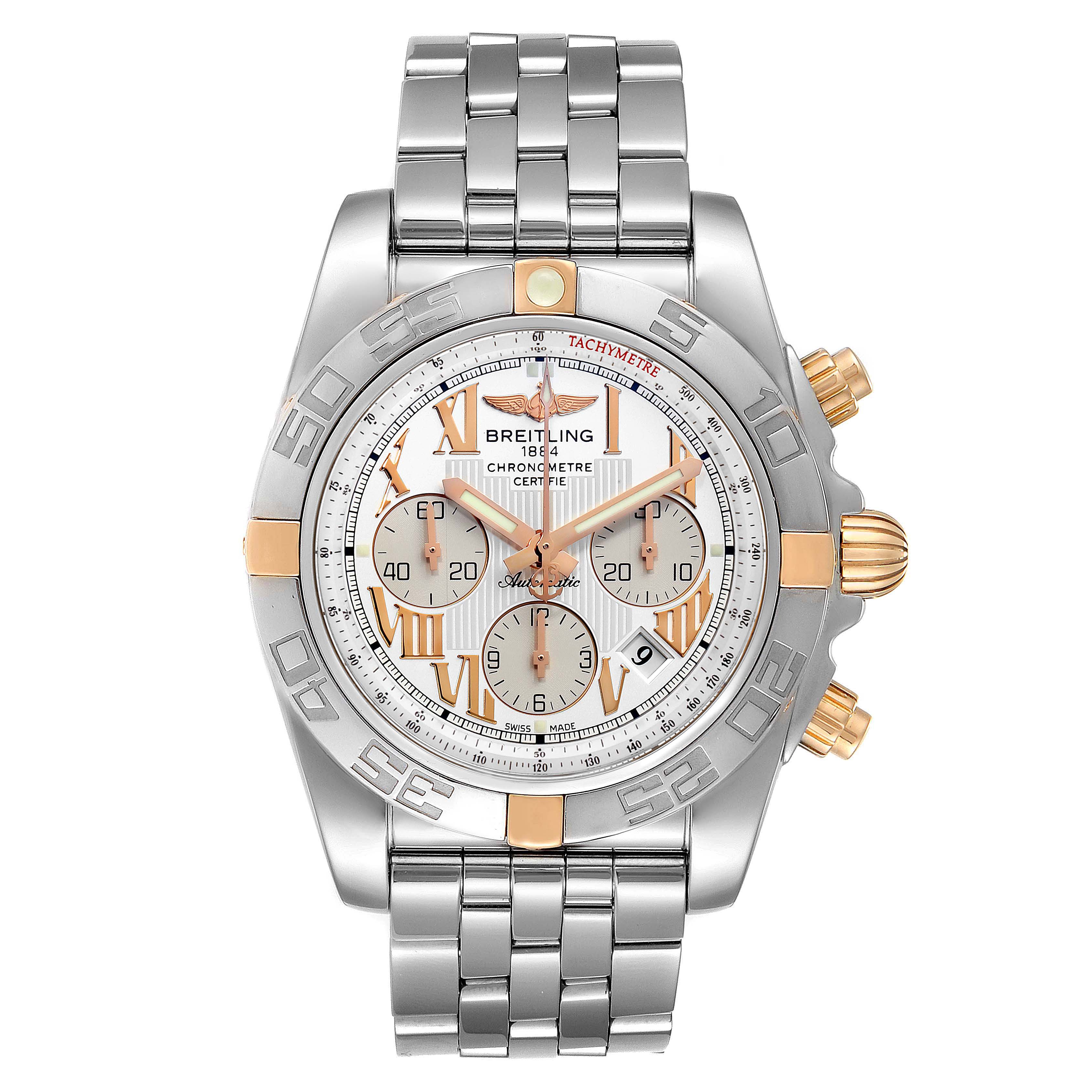 This image shows a frontal view of a Breitling Chronomat IB0110 Men
s Stainless Steel Silver Dial IB0110 Men
s Stainless Steel Silver Dial watch, displaying its dial, bezel, crown, pushers, and bracelet.