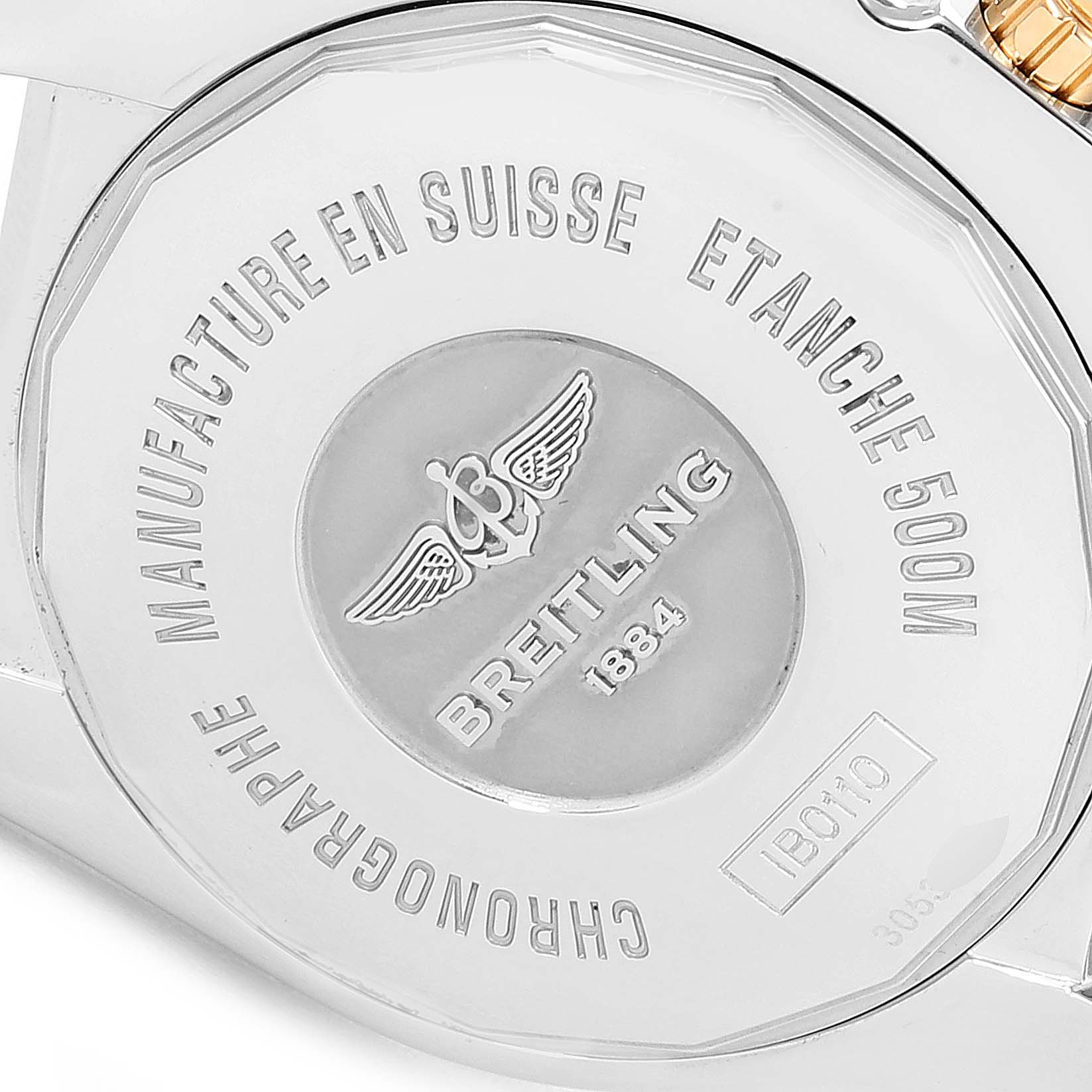 The image shows the case back of the Breitling Chronomat IB0110 Men
s Stainless Steel Silver Dial IB0110 Men
s Stainless Steel Silver Dial watch, highlighting its engravings and brand markings.