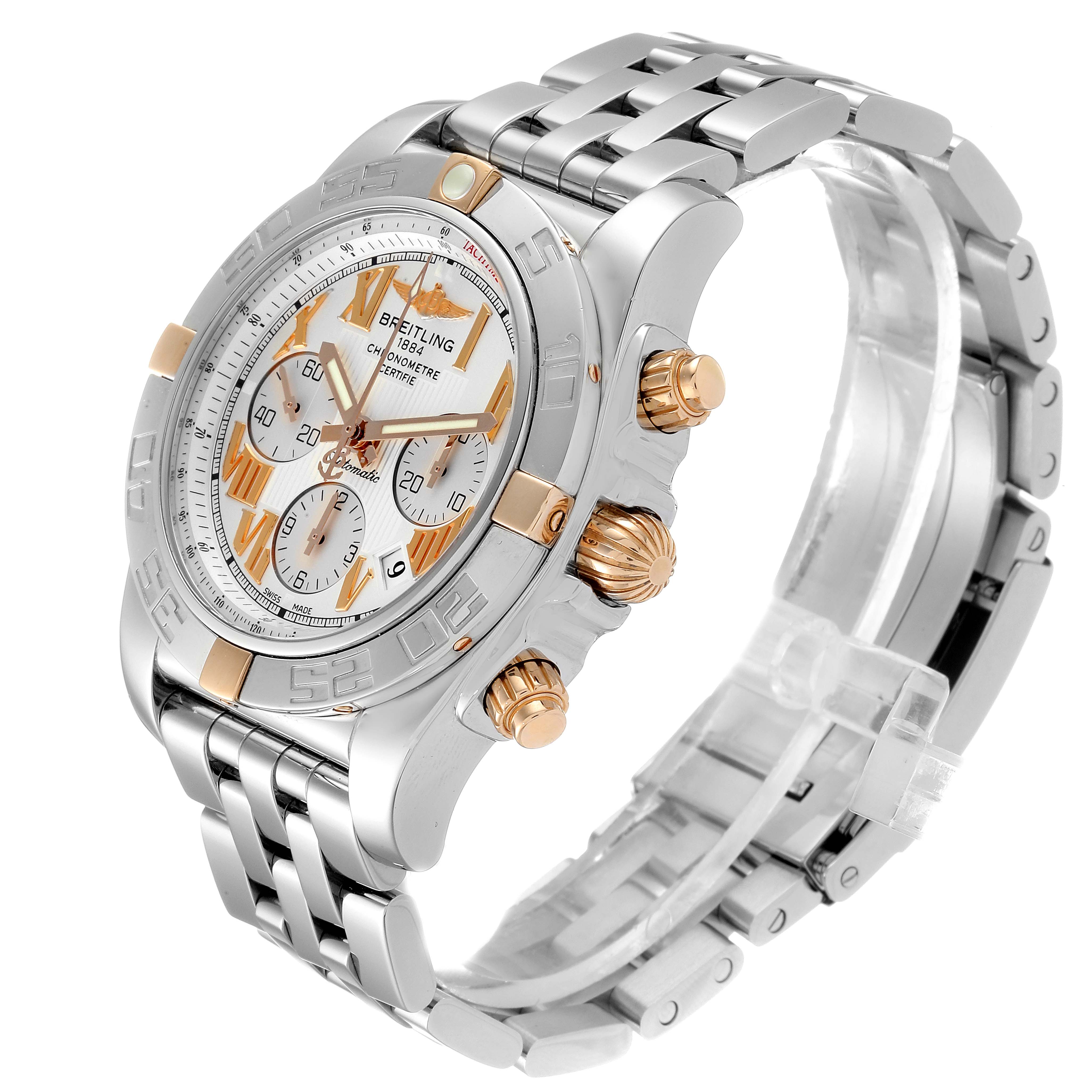 The image shows a Breitling Chronomat IB0110 Men
s Stainless Steel Silver Dial IB0110 Men
s Stainless Steel Silver Dial watch at a three-quarter angle, highlighting the face, crown, pushers, and bracelet.