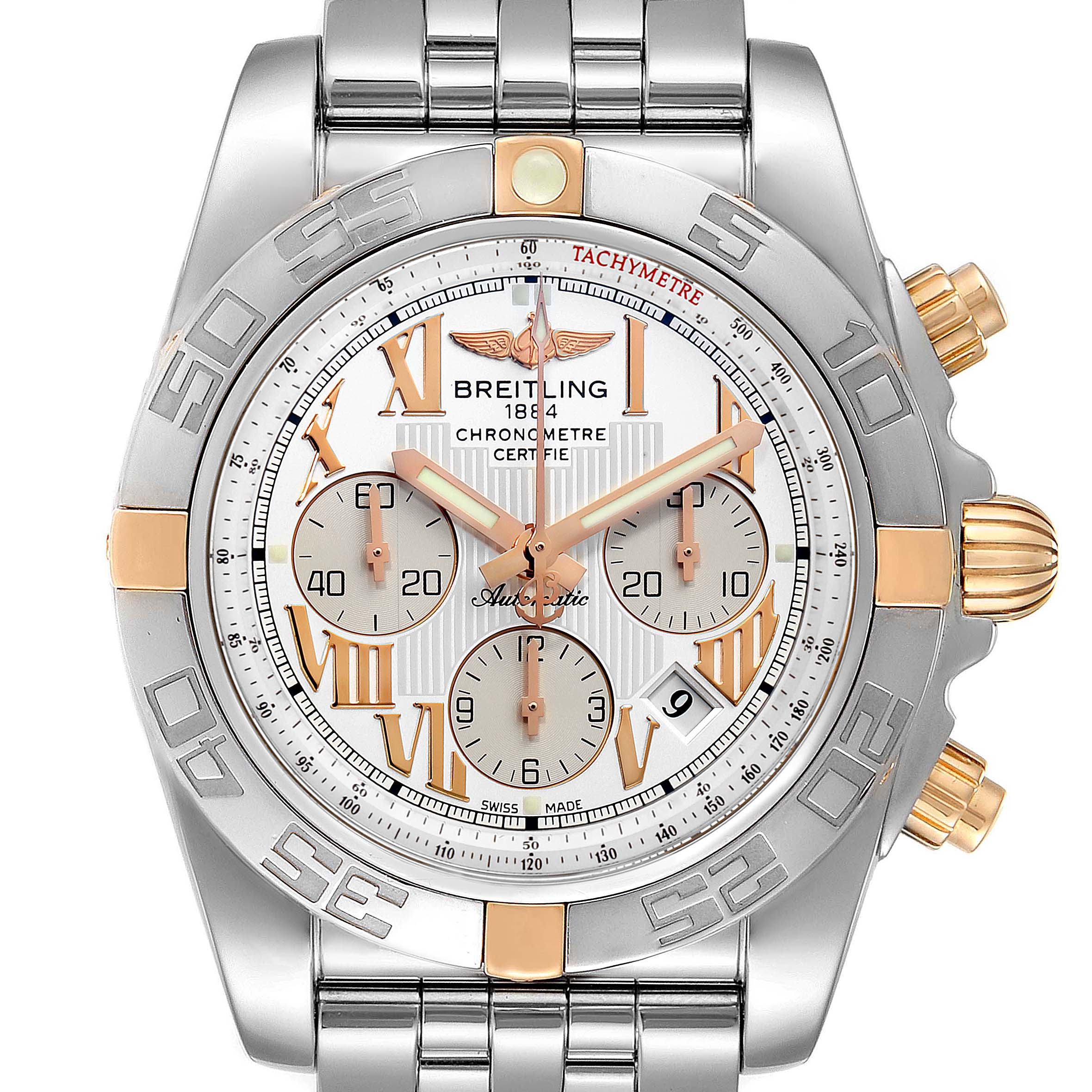 The image shows a front view of a Breitling Chronomat IB0110 Men
s Stainless Steel Silver Dial IB0110 Men
s Stainless Steel Silver Dial watch, highlighting the dial, bezel, and bracelet.