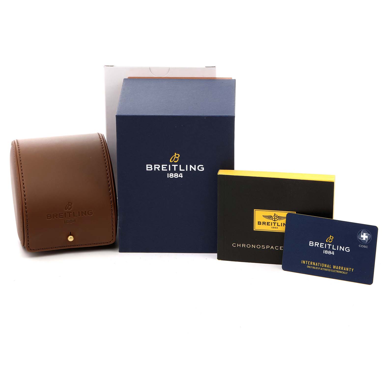 The image shows the packaging and accessories for the Breitling Professional Series M78366 Men's Stainless Steel Black Dial M78366 Men's Stainless Steel Black Dial watch, including a case, box, warranty card, and manual.