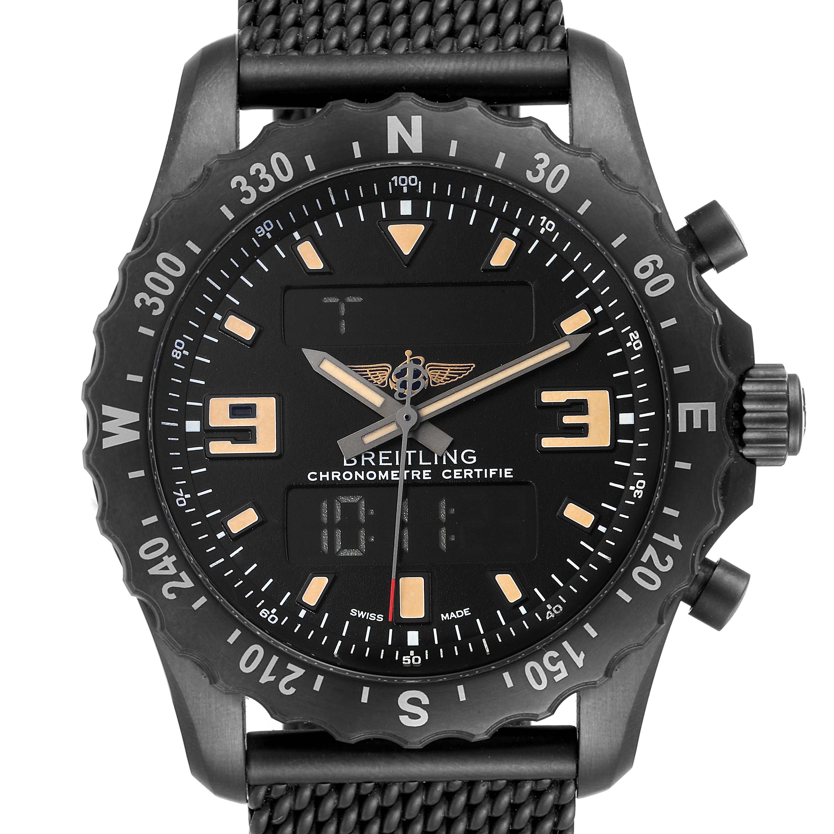 The image shows a front view of the Breitling Professional Series M78366 Men's Stainless Steel Black Dial M78366 Men's Stainless Steel Black Dial watch, highlighting its dial, bezel, and part of the strap.