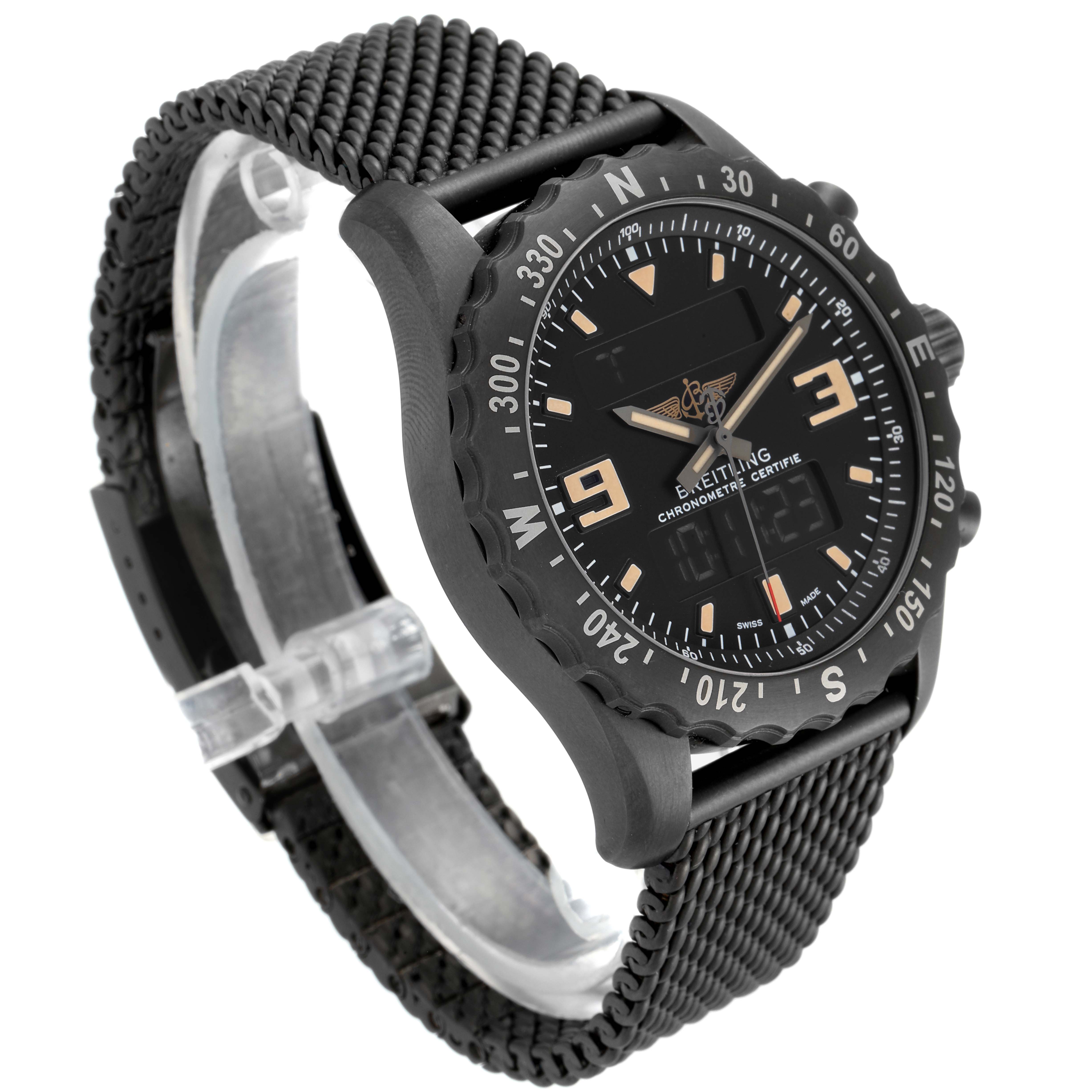 The Breitling Professional Series M78366 Men's Stainless Steel Black Dial M78366 Men's Stainless Steel Black Dial watch is shown at an angled side view, highlighting its dial, bezel, and braided strap.