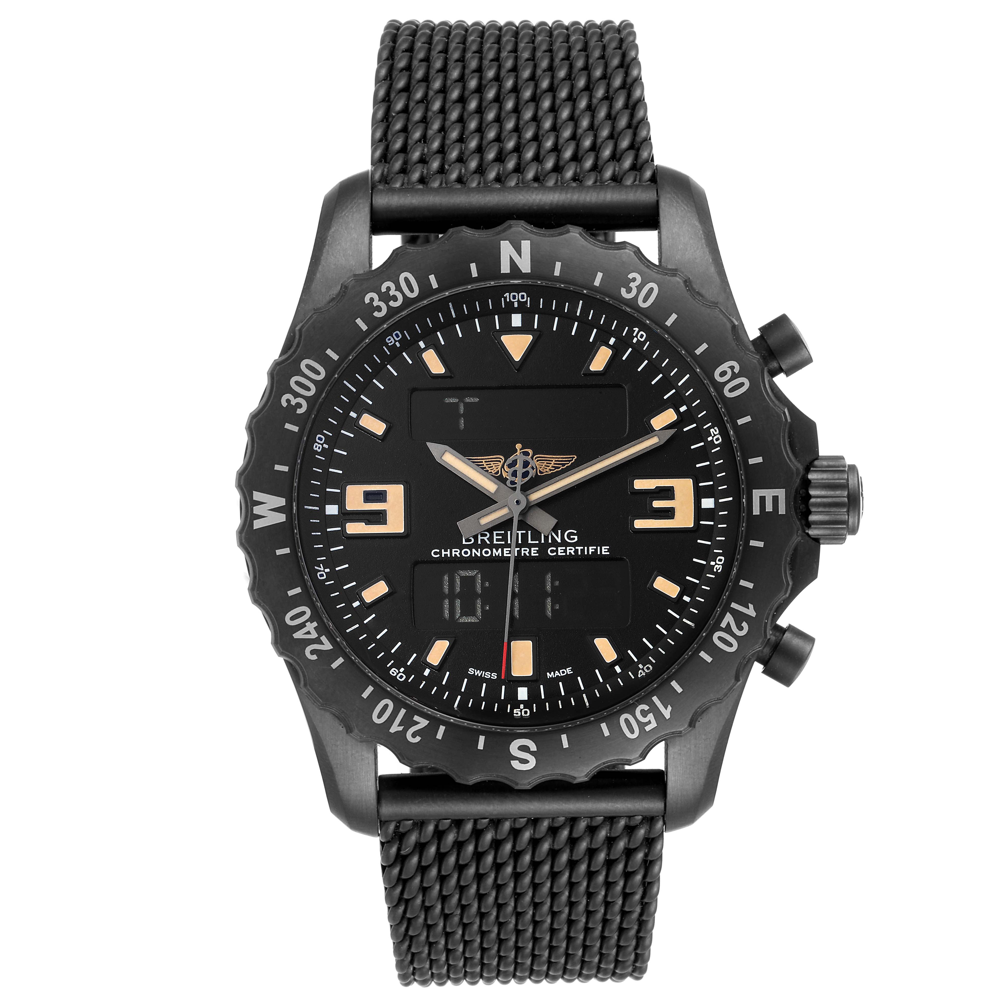 The image shows a front view of the Breitling Professional Series M78366 Men's Stainless Steel Black Dial M78366 Men's Stainless Steel Black Dial watch, highlighting its bezel, dial, hands, and strap.