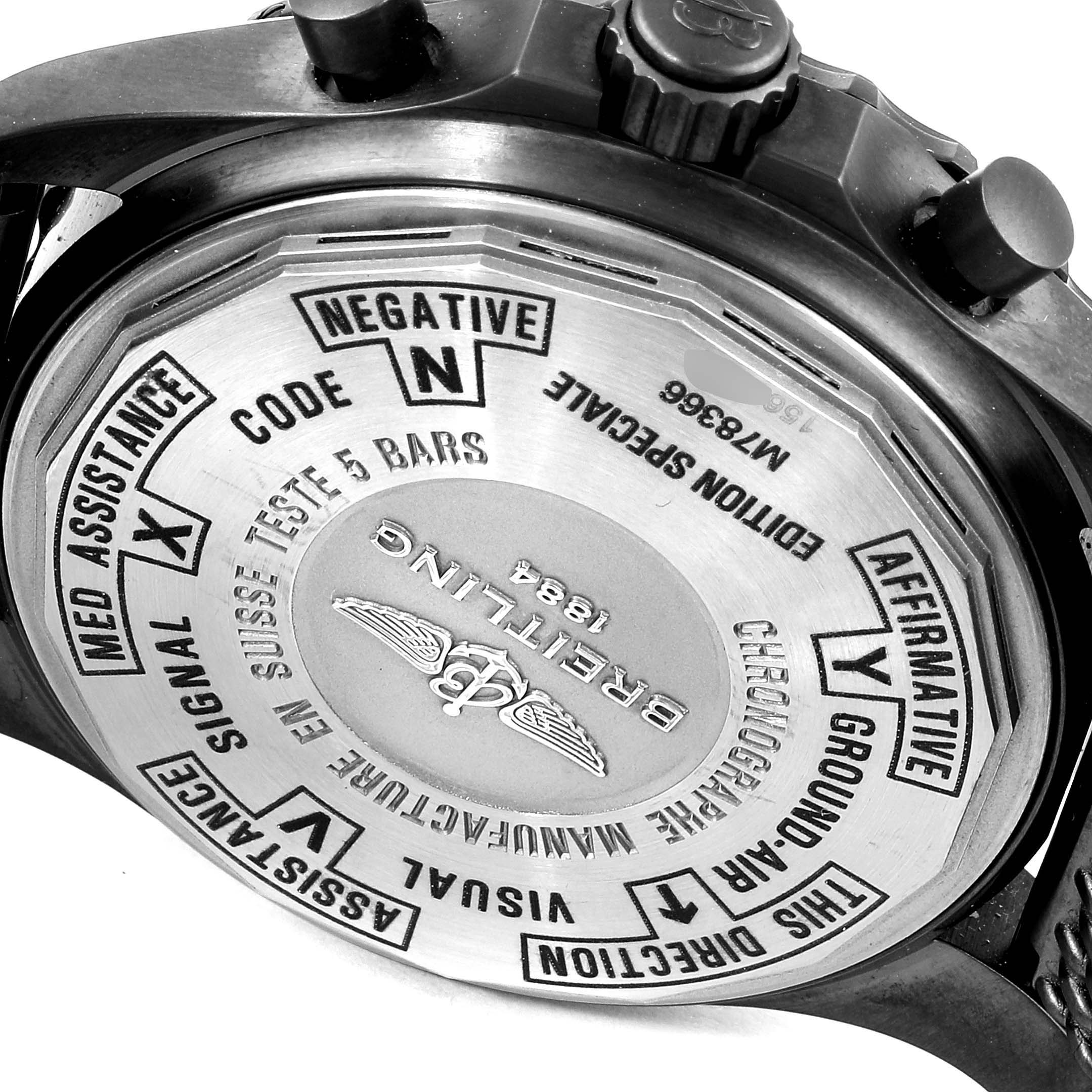 The image shows the back case of a Breitling Professional Series M78366 Men's Stainless Steel Black Dial M78366 Men's Stainless Steel Black Dial watch, displaying engraved details and codes.